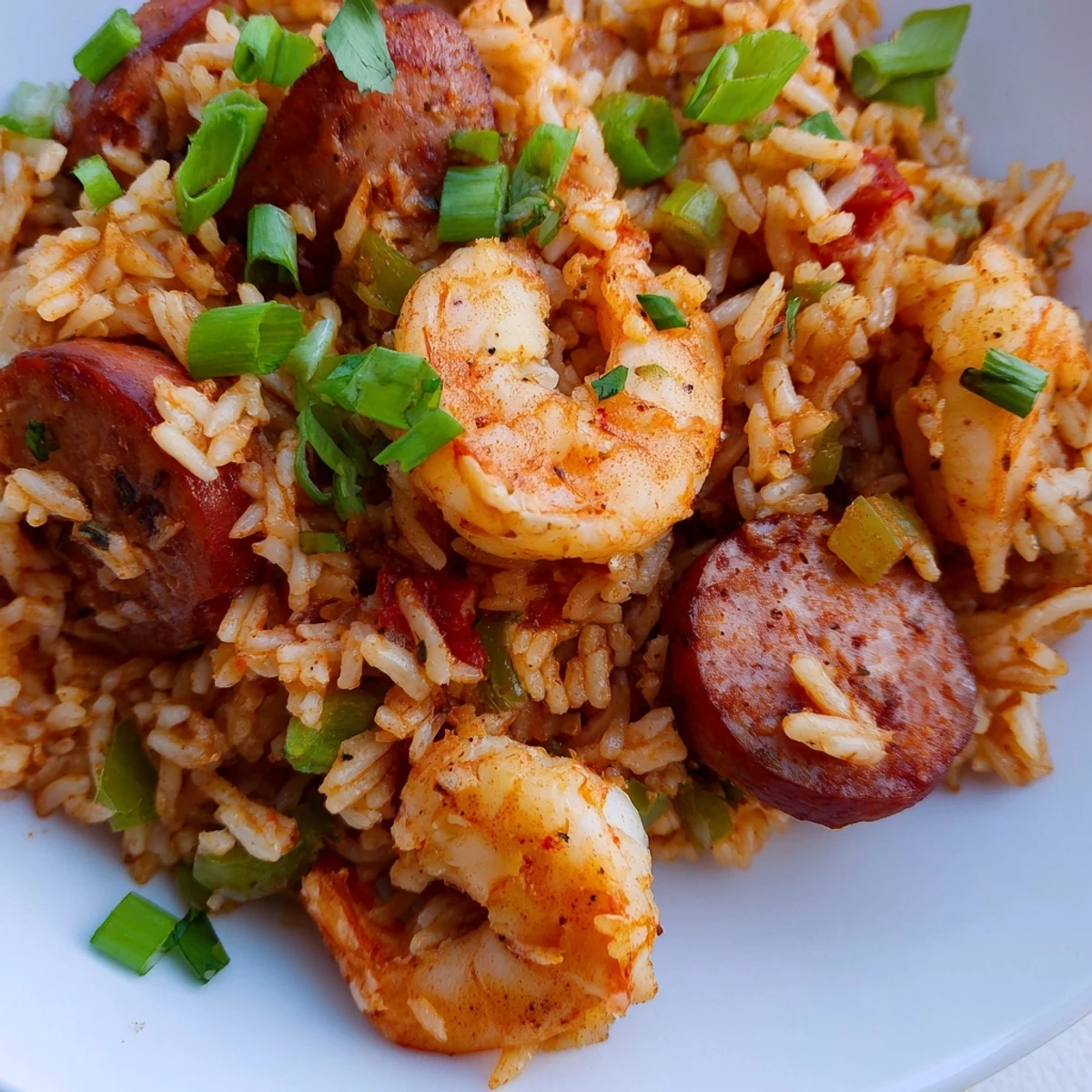 Golden shrimp and sausage dirty rice served in a cast iron skillet with fresh parsley garnish