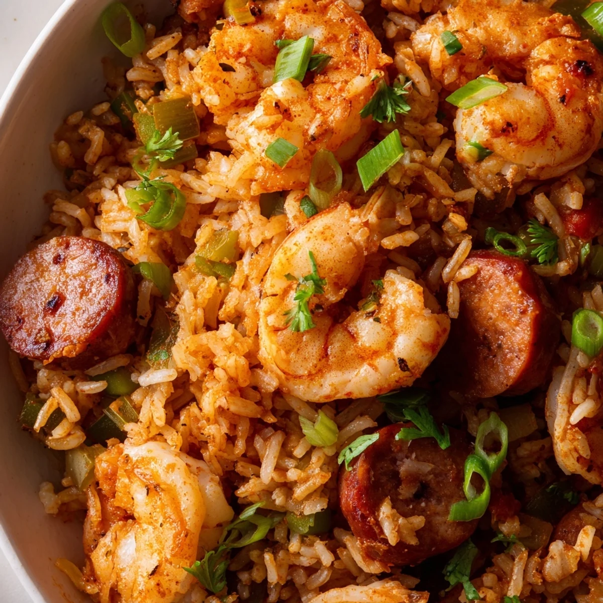 Spicy andouille sausage and tender shrimp nestled in seasoned Creole dirty rice with vegetables