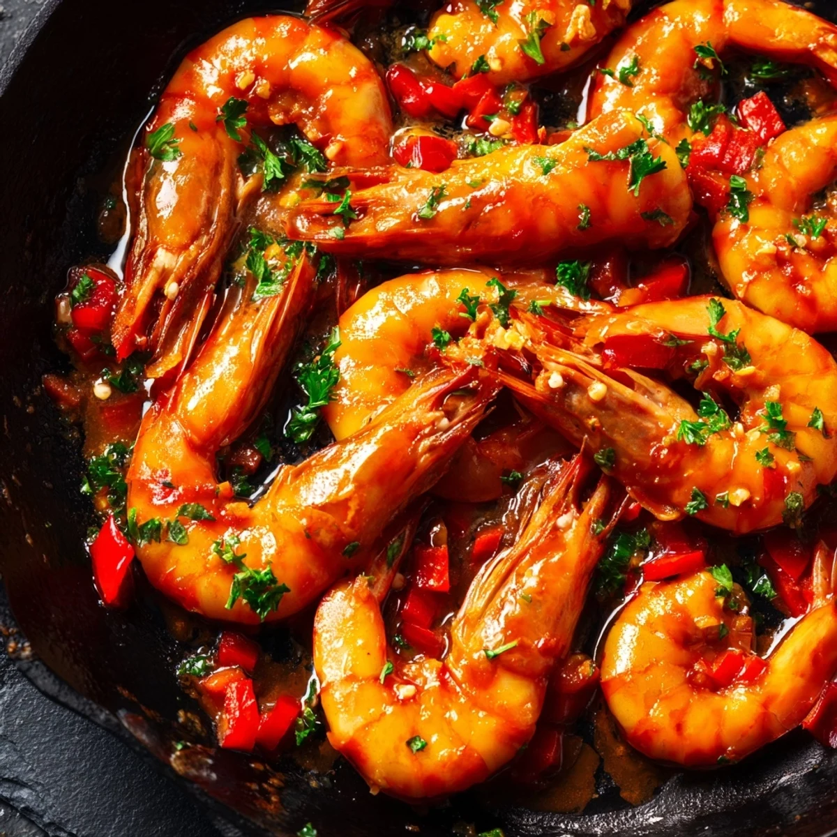 Golden garlic paprika shrimp skillet garnished with fresh parsley and bright lemon wedges