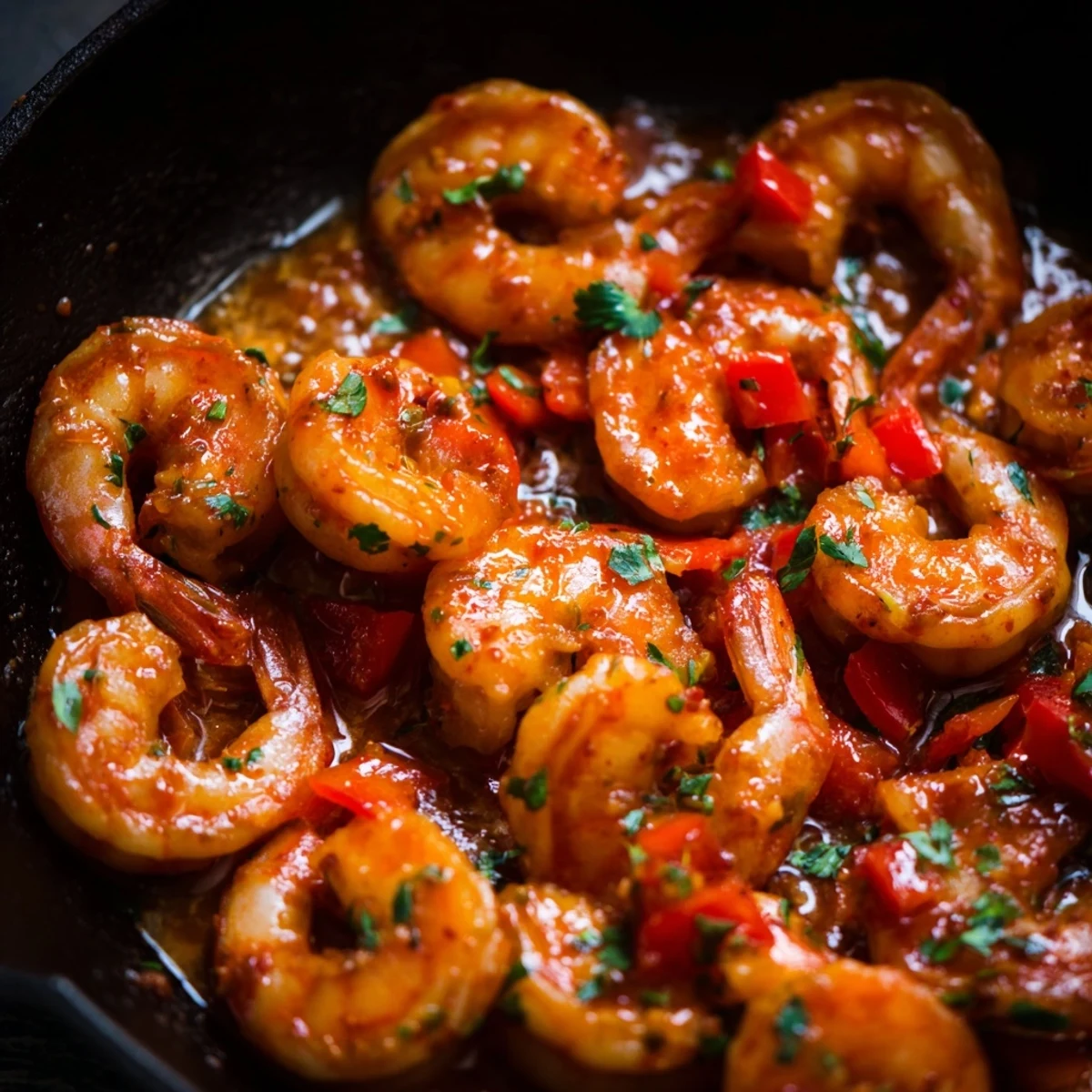 Sizzling garlic paprika shrimp skillet with tender pink shrimp in smoky spiced oil