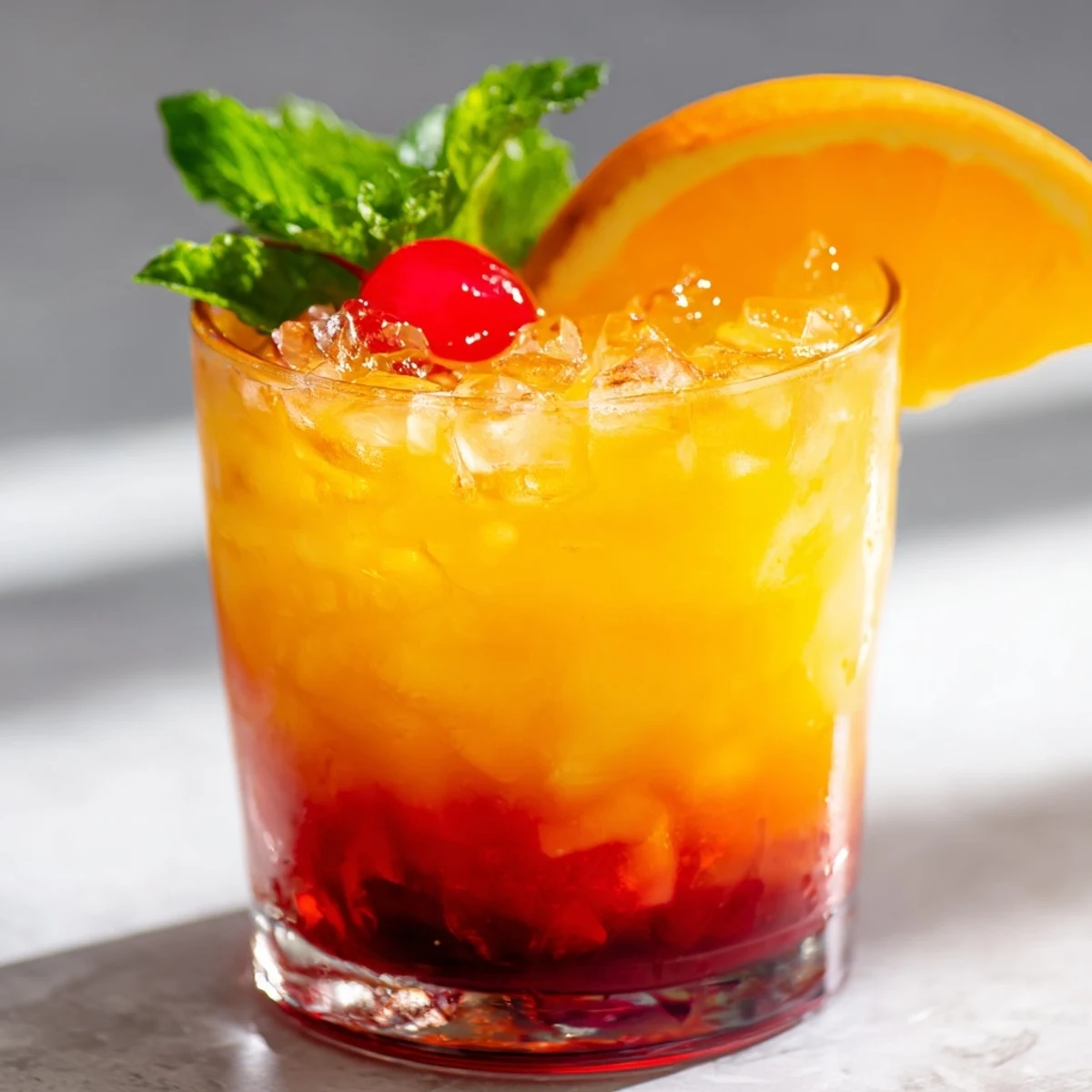 Non Alcoholic Mai Tai garnished with fresh orange slice and cherry over crushed ice