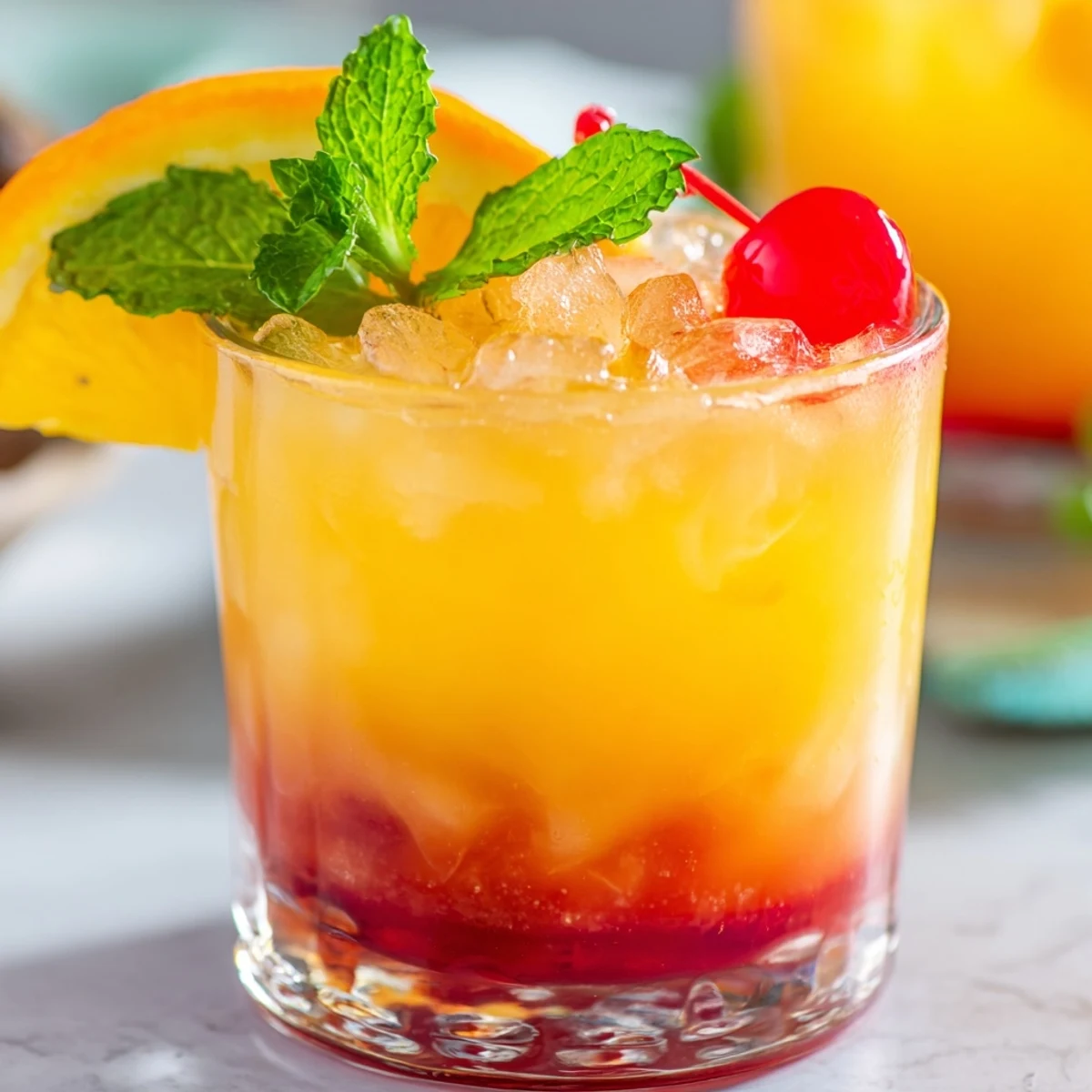 Tropical Non Alcoholic Mai Tai mocktail with vibrant grenadine layers in glass