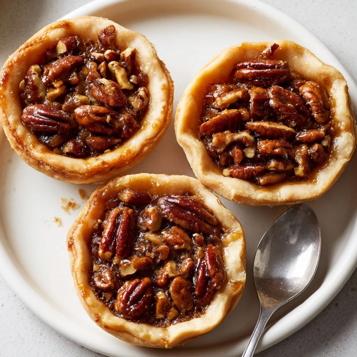 Golden mini pecan pies with gooey caramel filling fresh from the oven