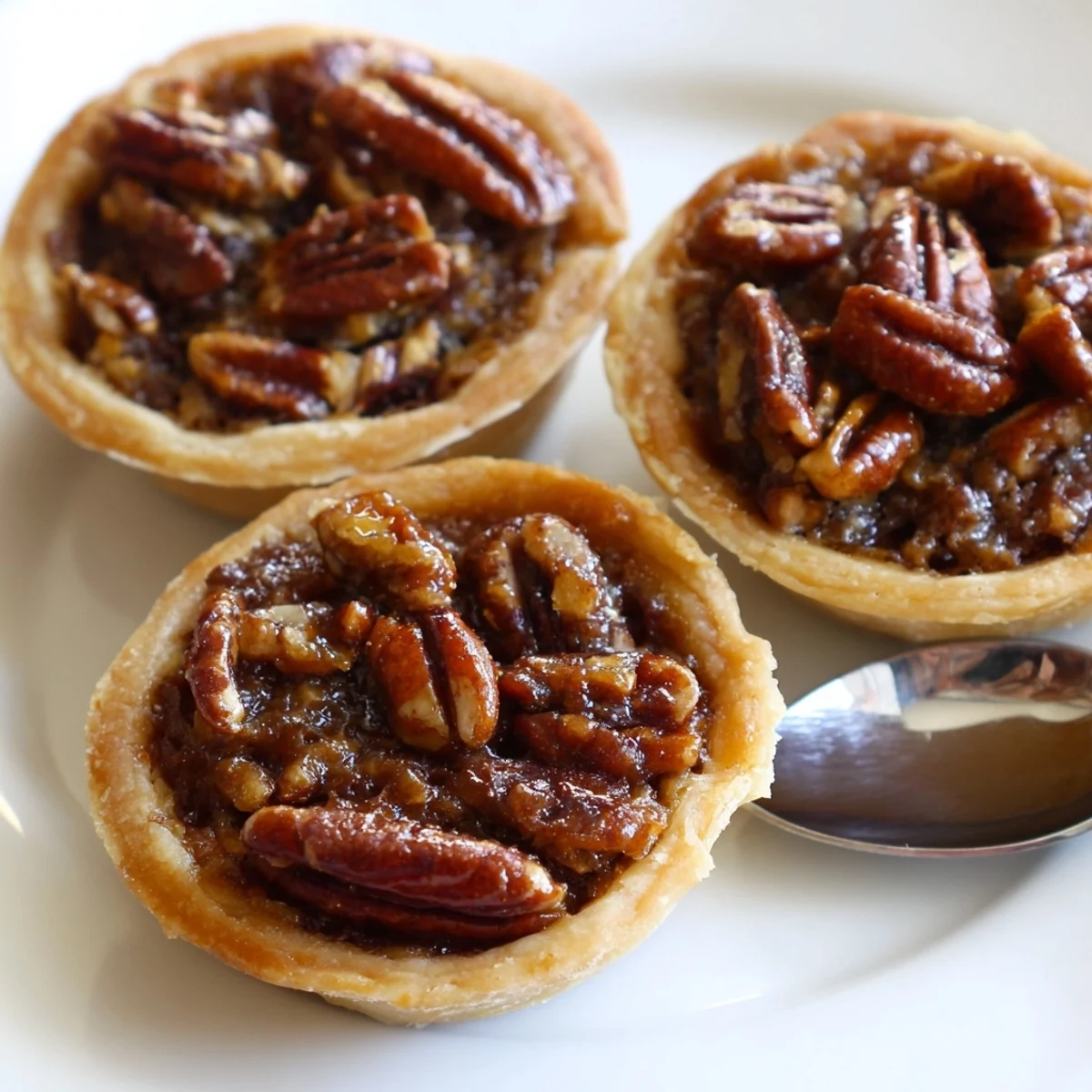 Bite-sized mini pecan pies topped with crunchy nuts on a rustic platter