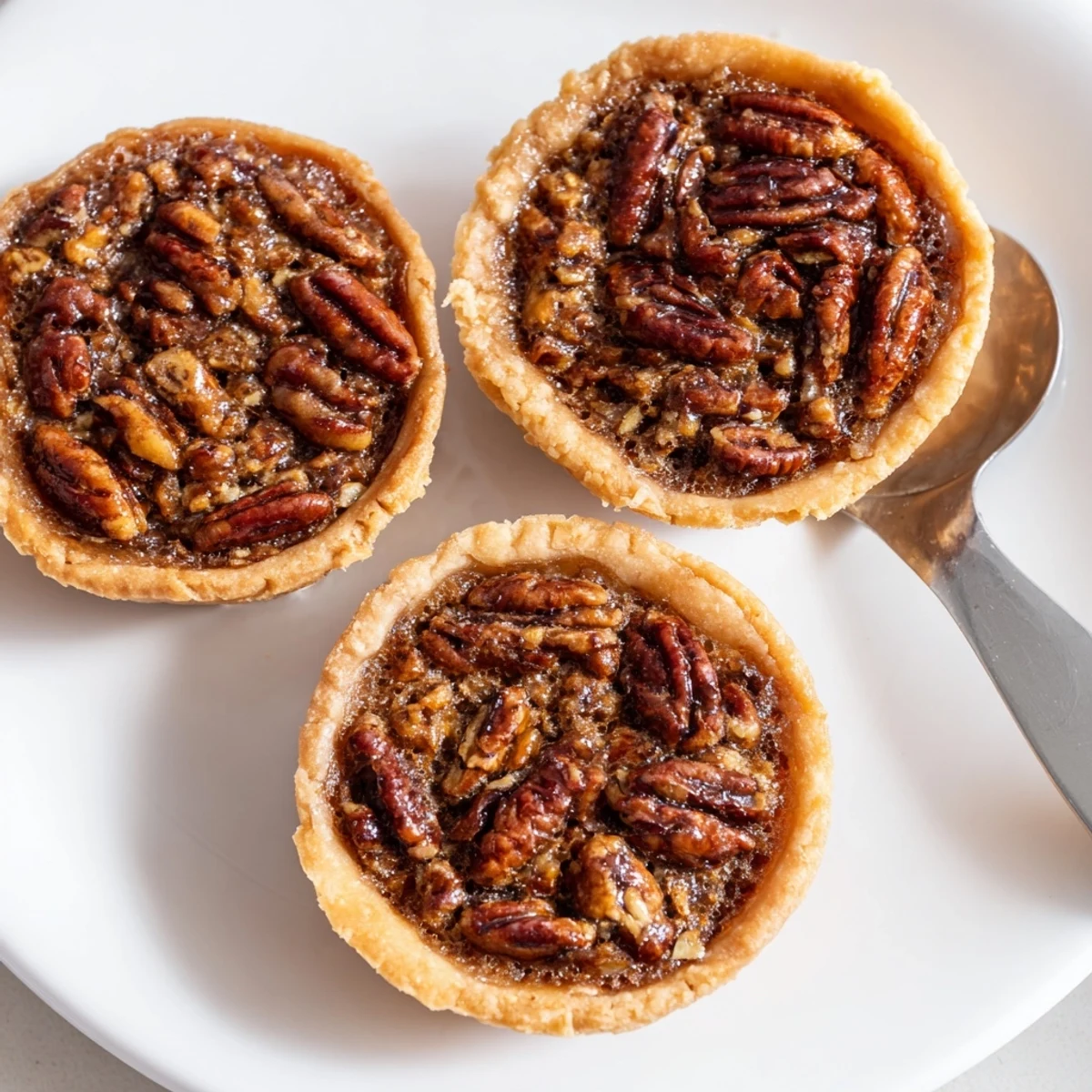 Homemade mini pecan pies in flaky butter crusts dusted with powdered sugar