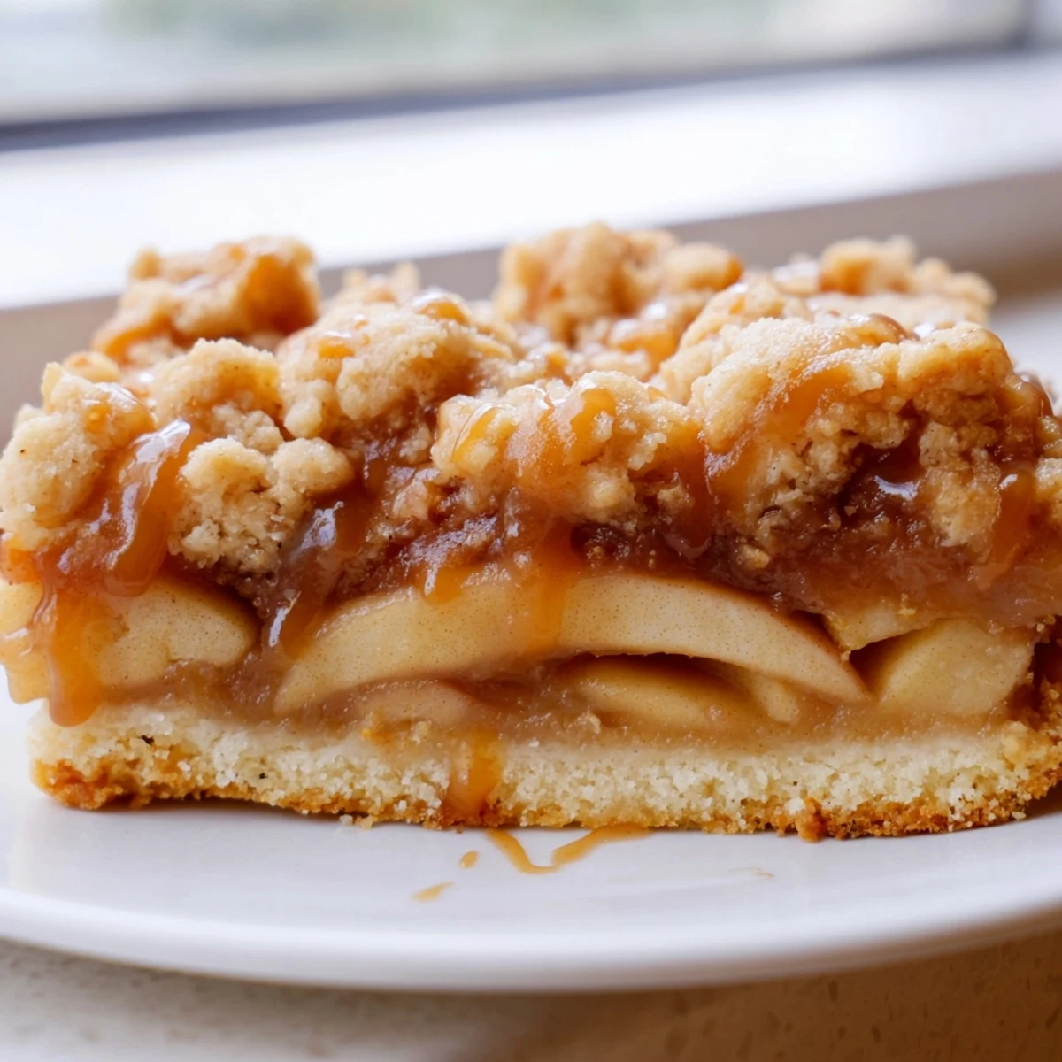 Golden caramel apple crumb bars with tender spiced apples and a buttery crumb topping