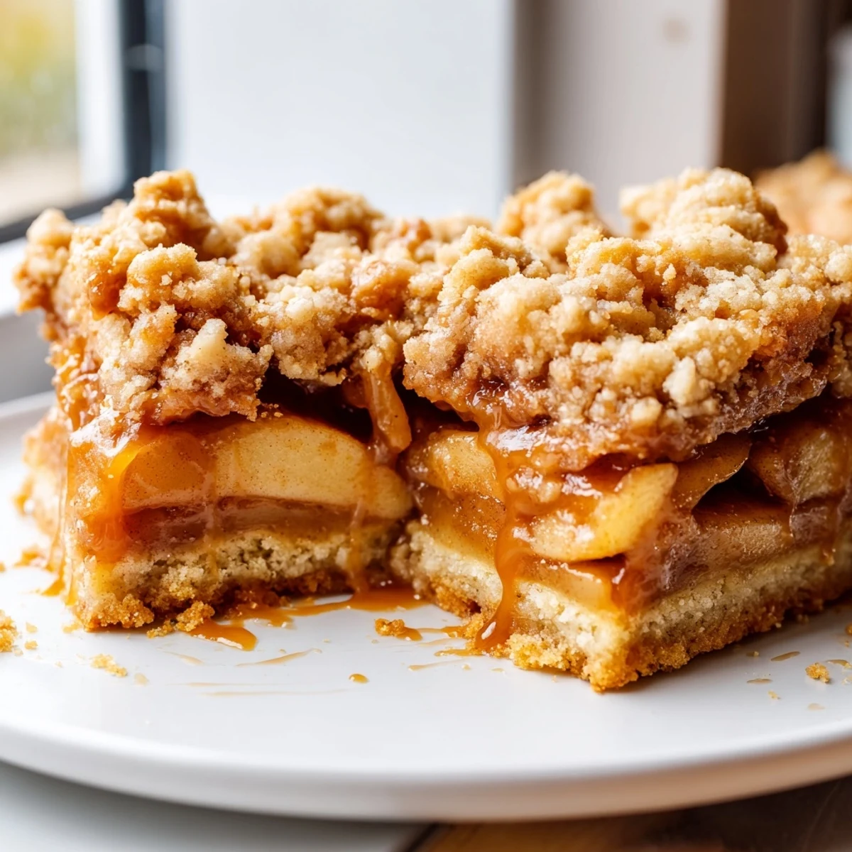 Warm caramel apple crumb bars cut into squares with gooey cinnamon apple filling