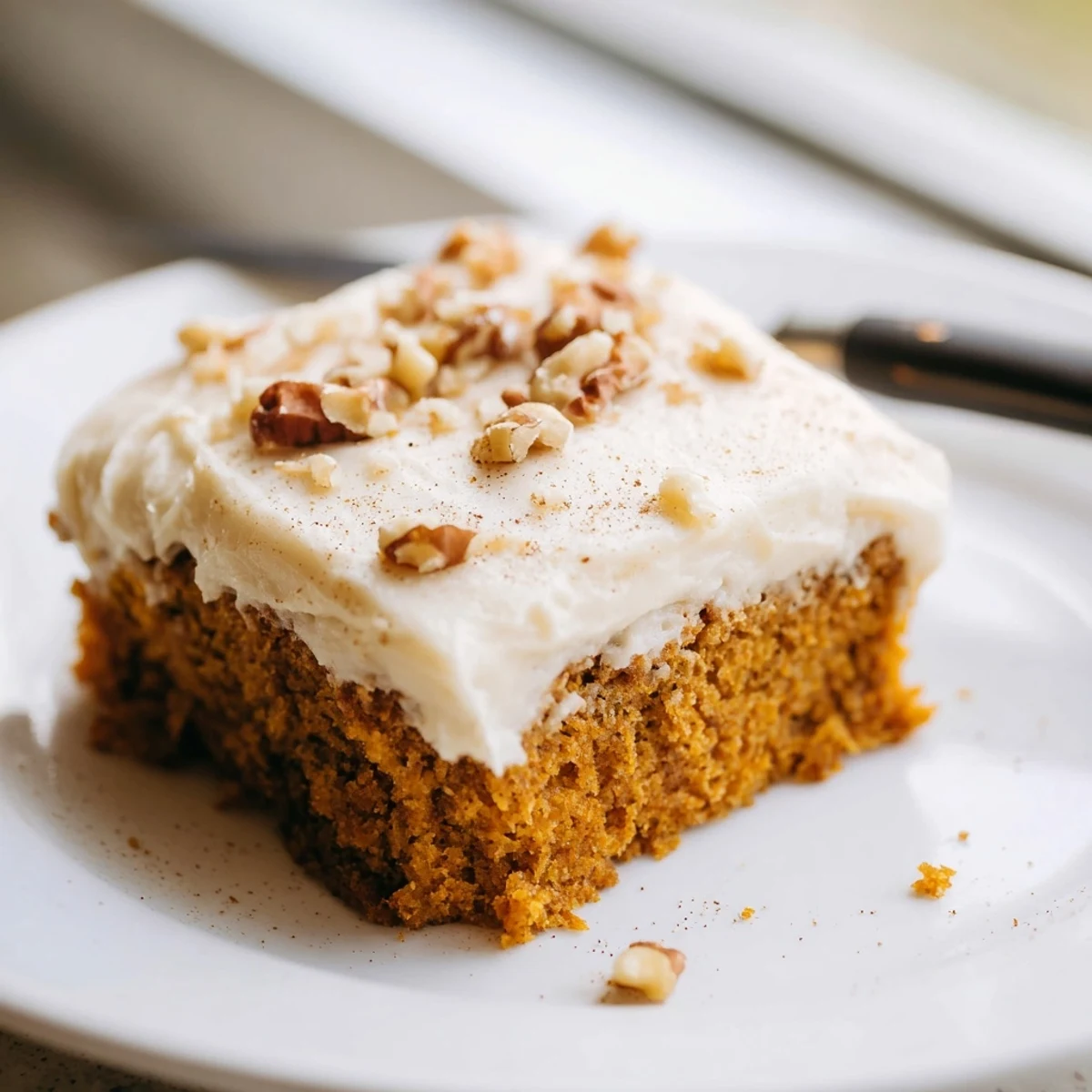 Moist pumpkin bars with cream cheese frosting sliced on a rustic wooden cutting board