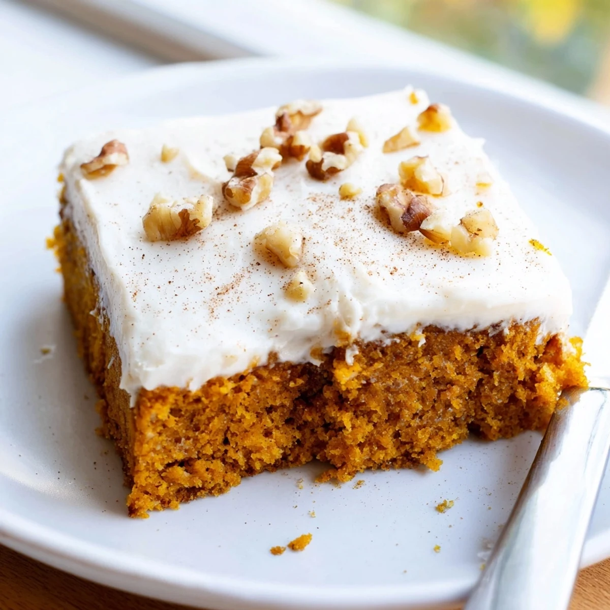 Spiced pumpkin bars with cream cheese frosting swirled thick over golden cake squares