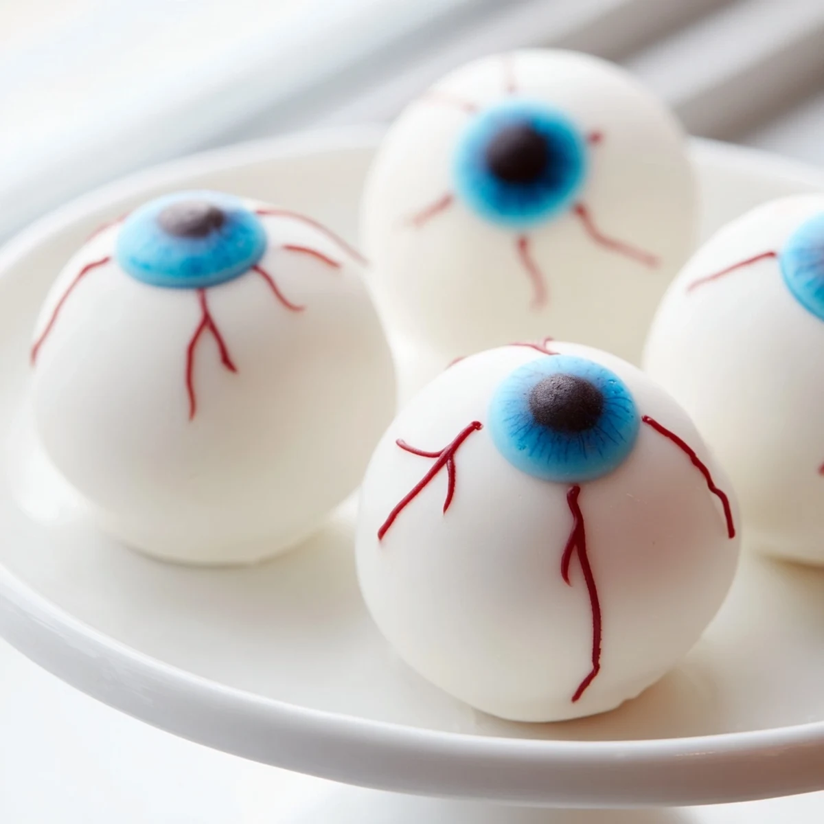 Halloween Cake Eyeballs with red veins and colorful irises on a spooky dessert platter