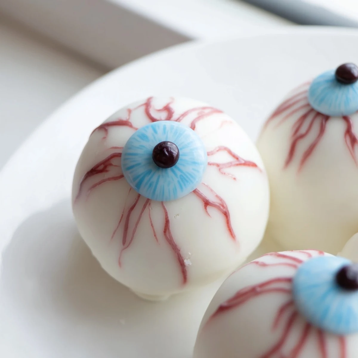 Close-up of glossy Halloween Cake Eyeballs featuring dark chocolate pupils and creepy bloodshot details