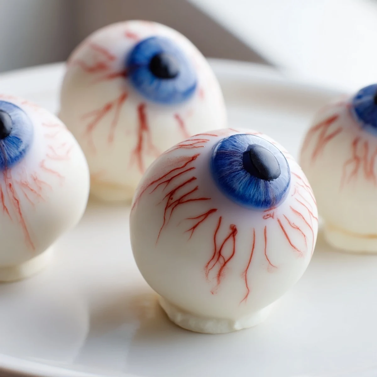 Creamy white-coated Halloween Cake Eyeballs arranged on parchment paper ready for a haunted party