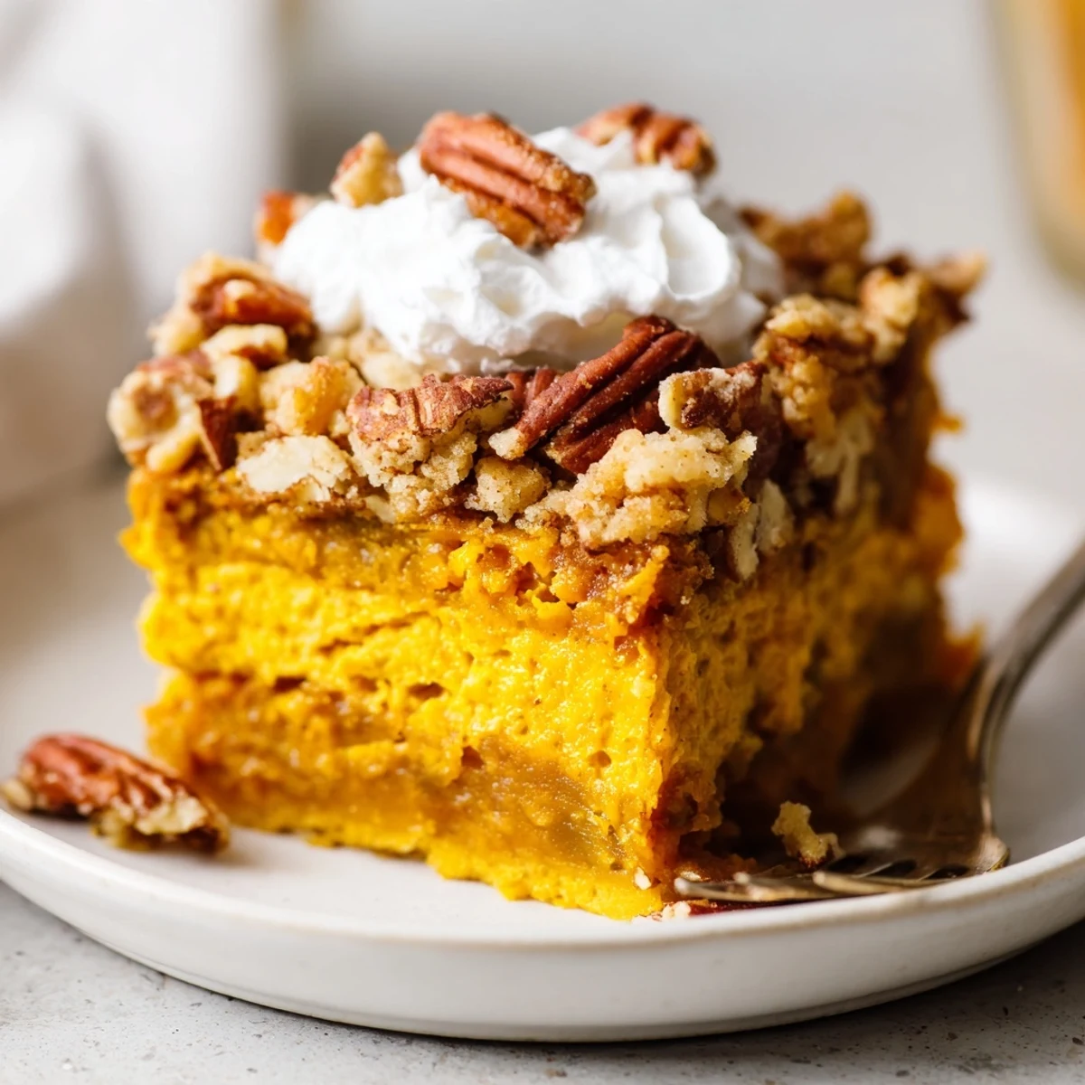 Golden Pumpkin Dump Cake with buttery pecan topping served warm in a baking dish