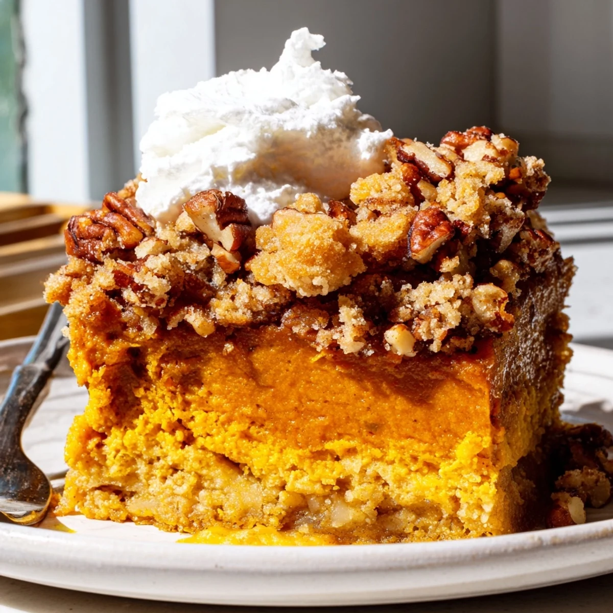 Warm Pumpkin Dump Cake with caramelized crust and chopped pecans on a rustic plate