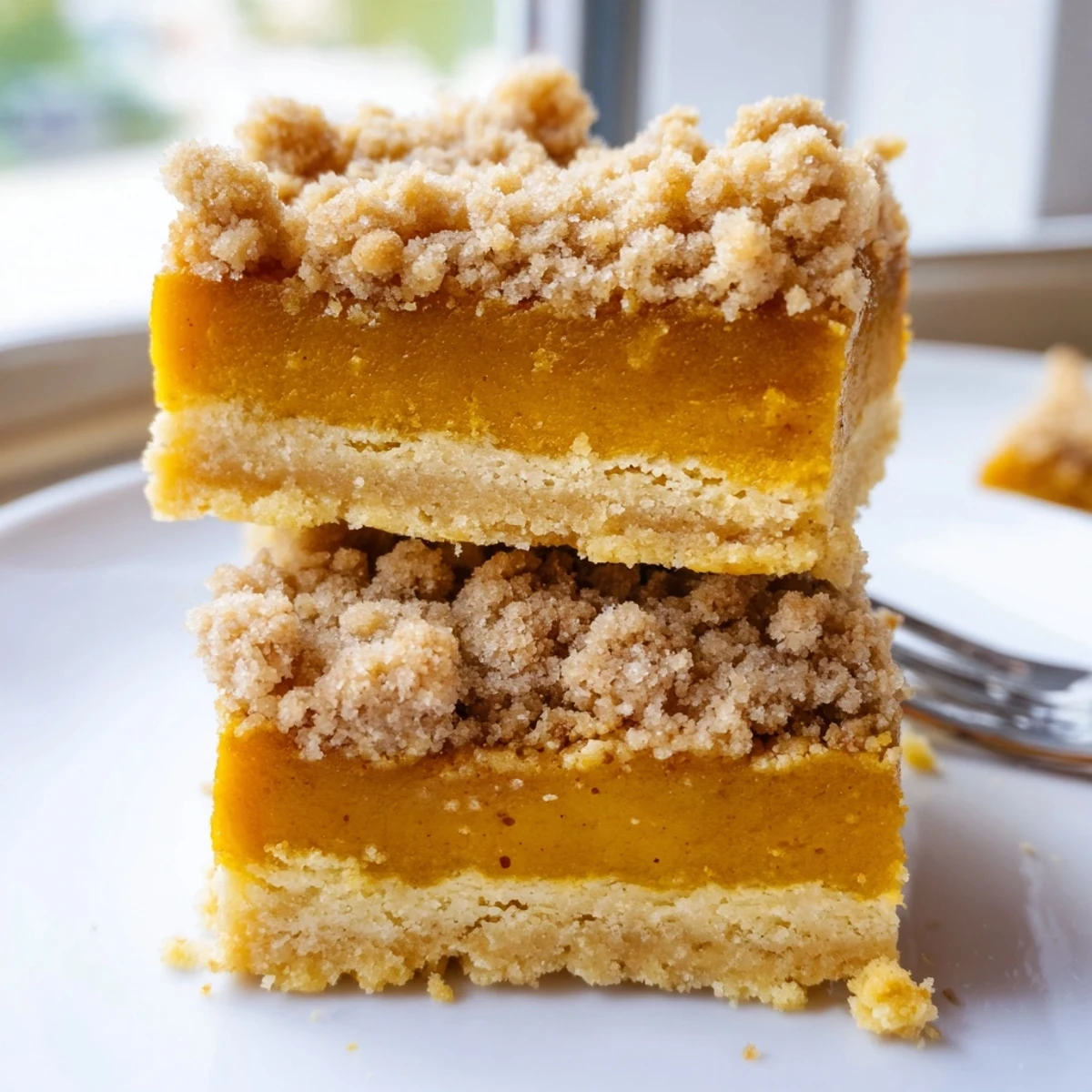 Golden brown sugar maple pumpkin butter bars with spiced streusel topping on a rustic baking sheet