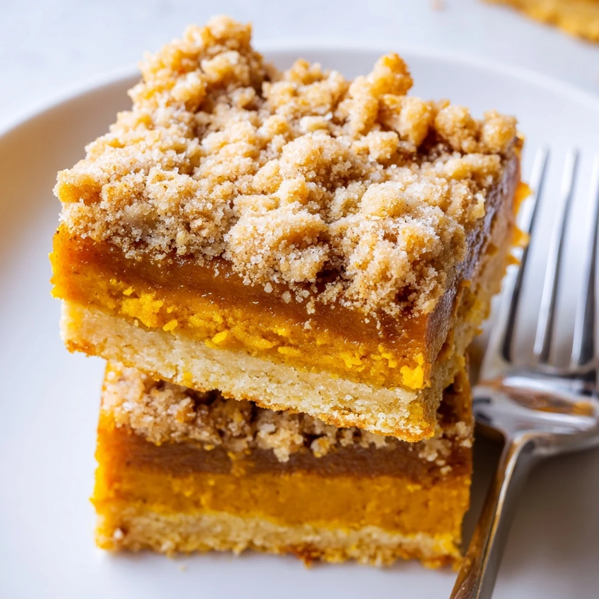 Creamy pumpkin maple filling peeks through a crumbly brown sugar streusel on freshly baked dessert bars