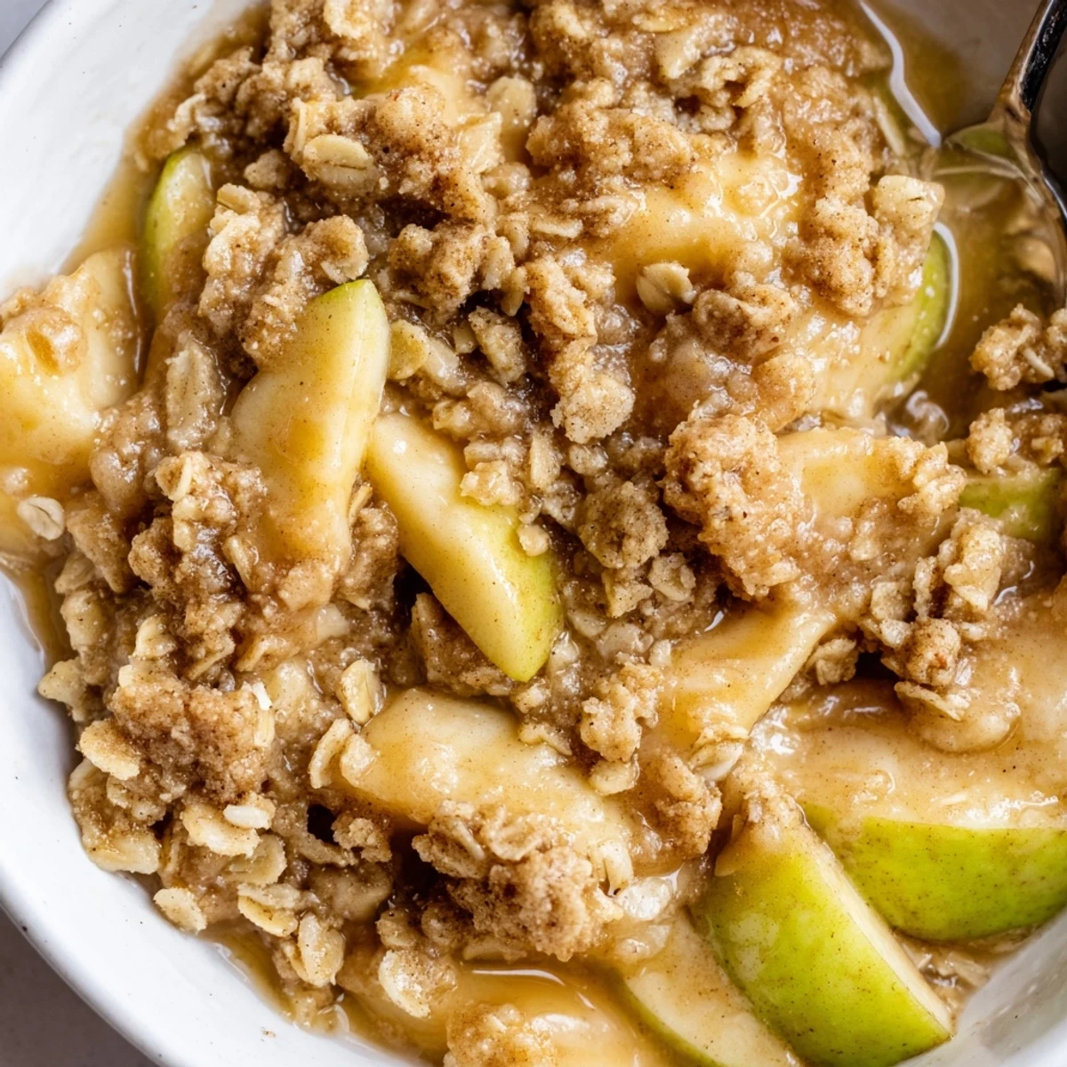 Warm Crockpot Apple Crisp with golden oat topping served in a rustic bowl