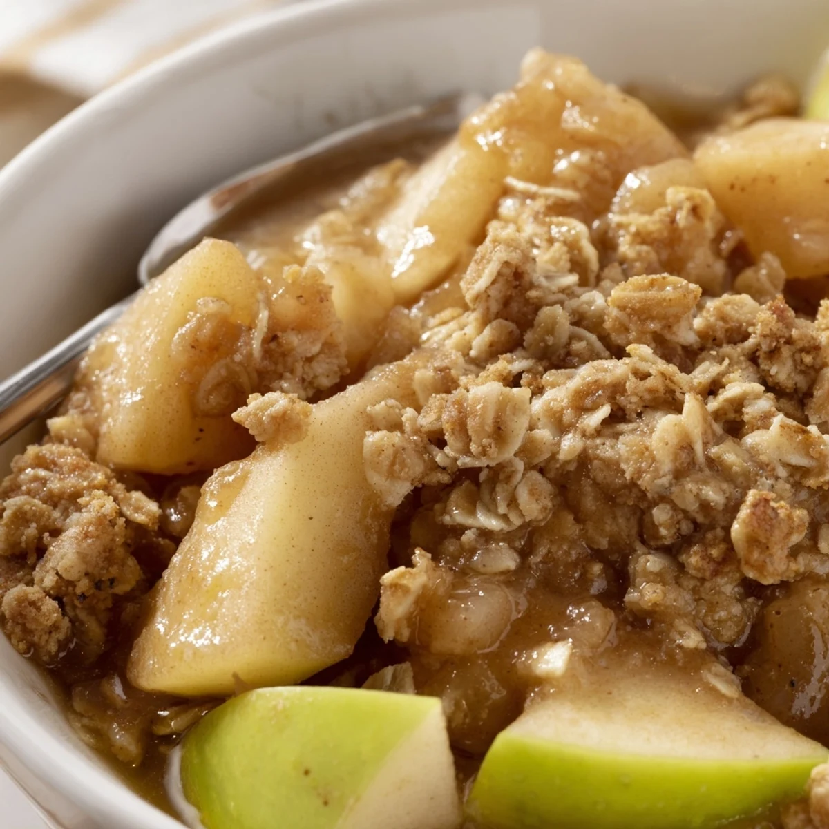 Crockpot Apple Crisp scooped into a dish alongside a melting vanilla ice cream scoop