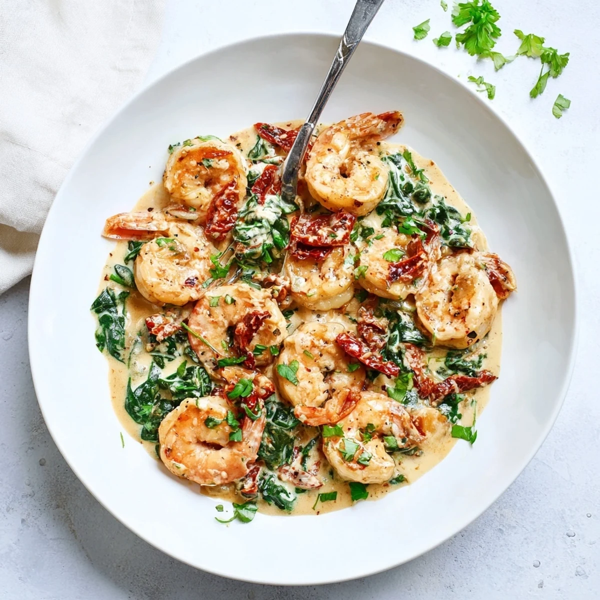 Golden seared shrimp nestled in a rich Parmesan cream sauce with wilted spinach
