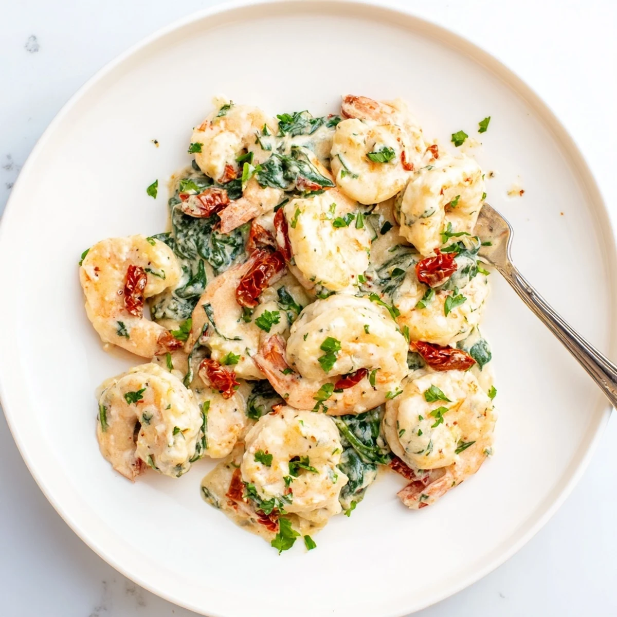 Plump pink shrimp in a cheesy Tuscan cream sauce garnished with fresh parsley