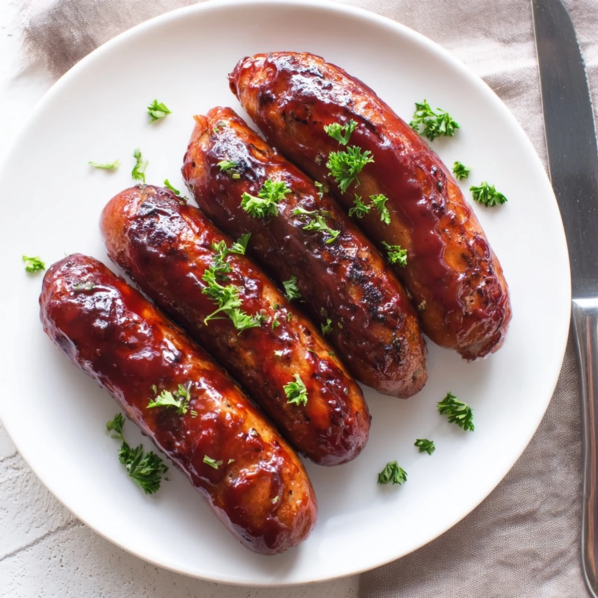 Smoky grilled BBQ sausage recipe glazed with tangy caramelized sauce on a platter