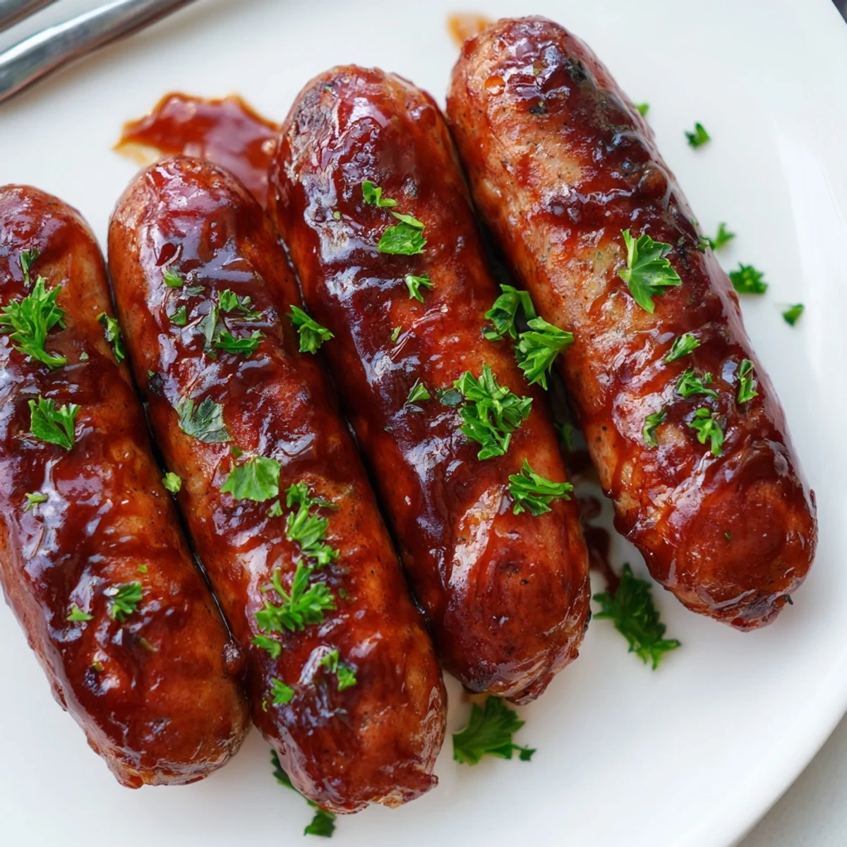 Golden brown BBQ sausage recipe resting on a grill with glossy barbecue glaze