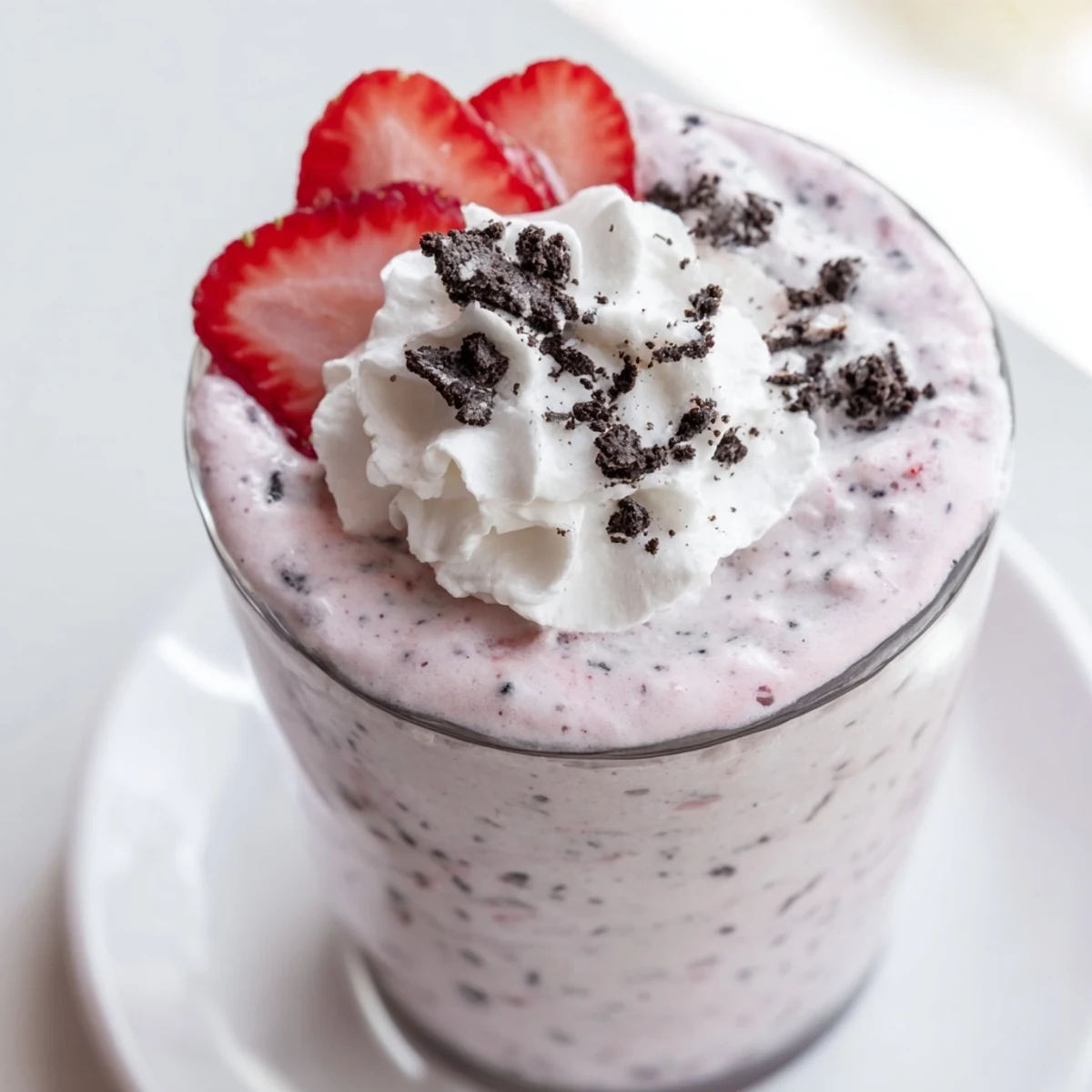 Thick pink strawberry Oreo milkshake topped with whipped cream in a chilled glass