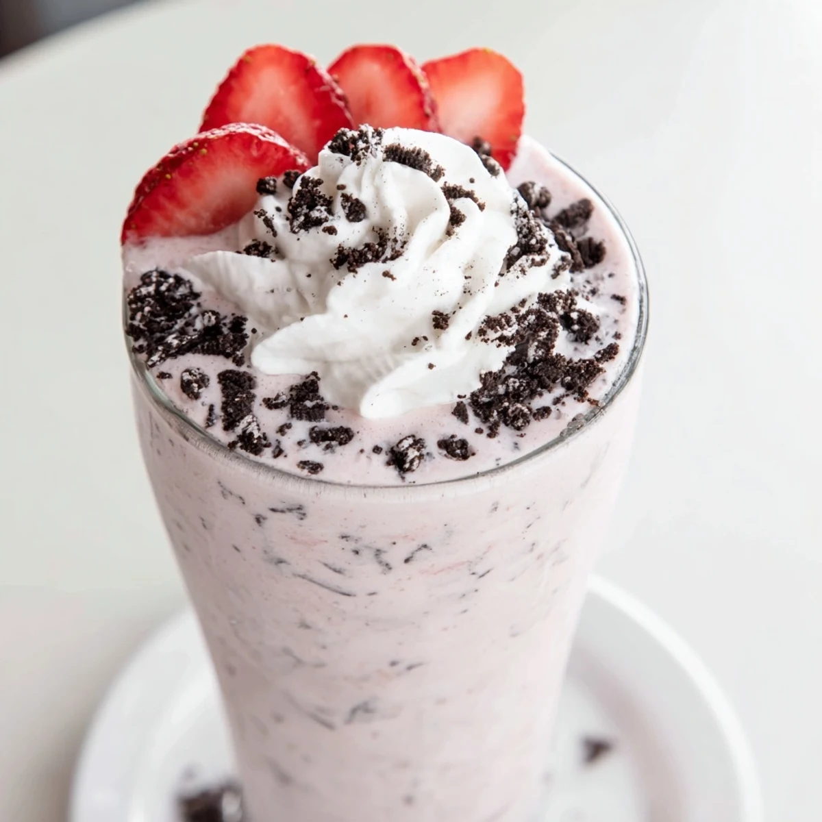 Frosty strawberry Oreo milkshake served tall with a fluffy whipped cream and cookie crumble garnish