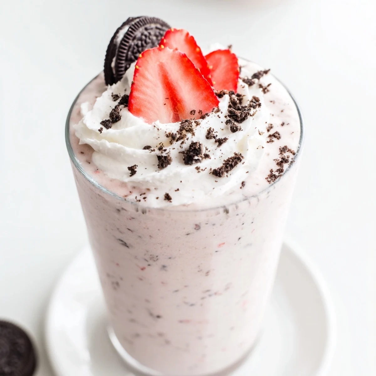 Creamy blended strawberry Oreo milkshake drizzled with crushed cookie pieces and fresh strawberry slices