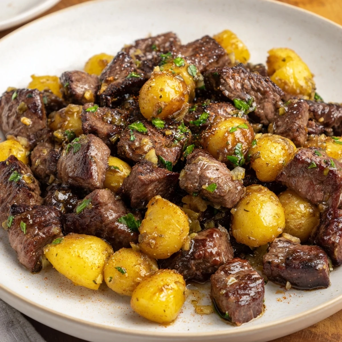 Garlic Steak Bites and Potatoes glistening in garlic butter, skillet ready, sprinkled parsley