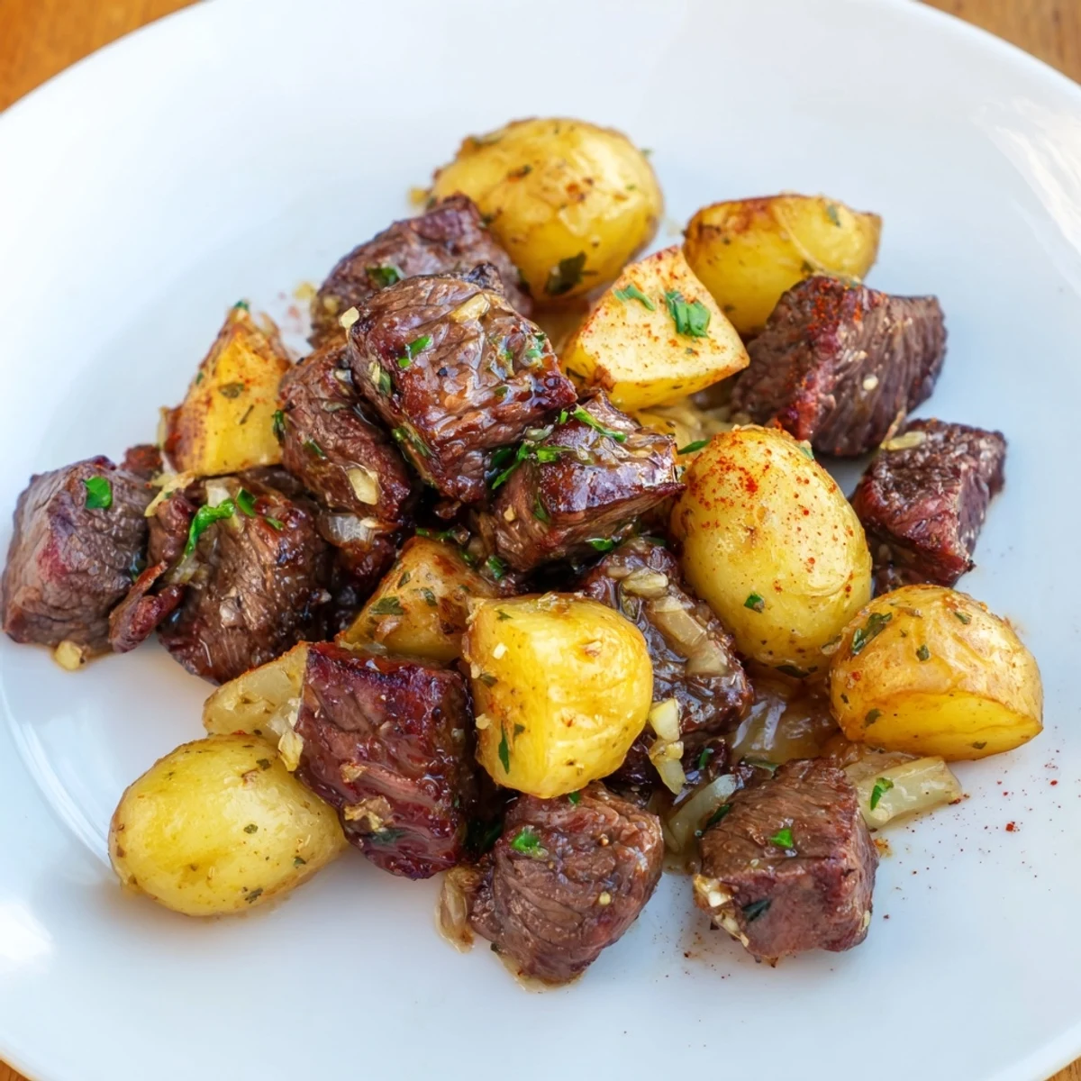 Hearty Garlic Steak Bites and Potatoes plated with lemon wedge and green beans
