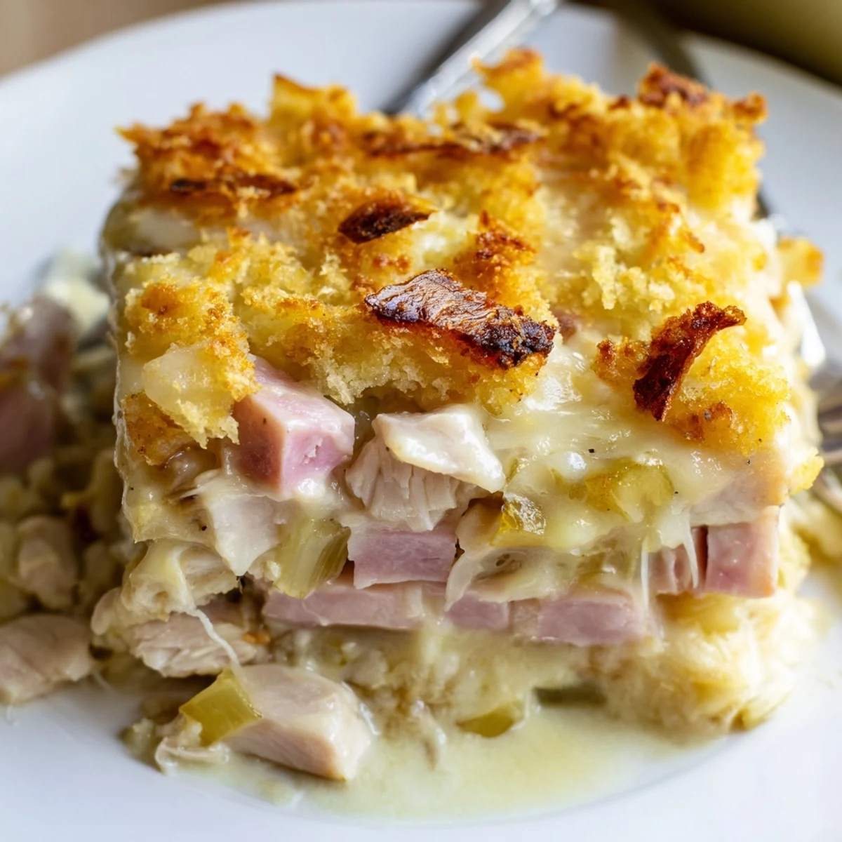 Golden-browned Chicken Cordon Bleu Casserole bubbling with melted Swiss cheese