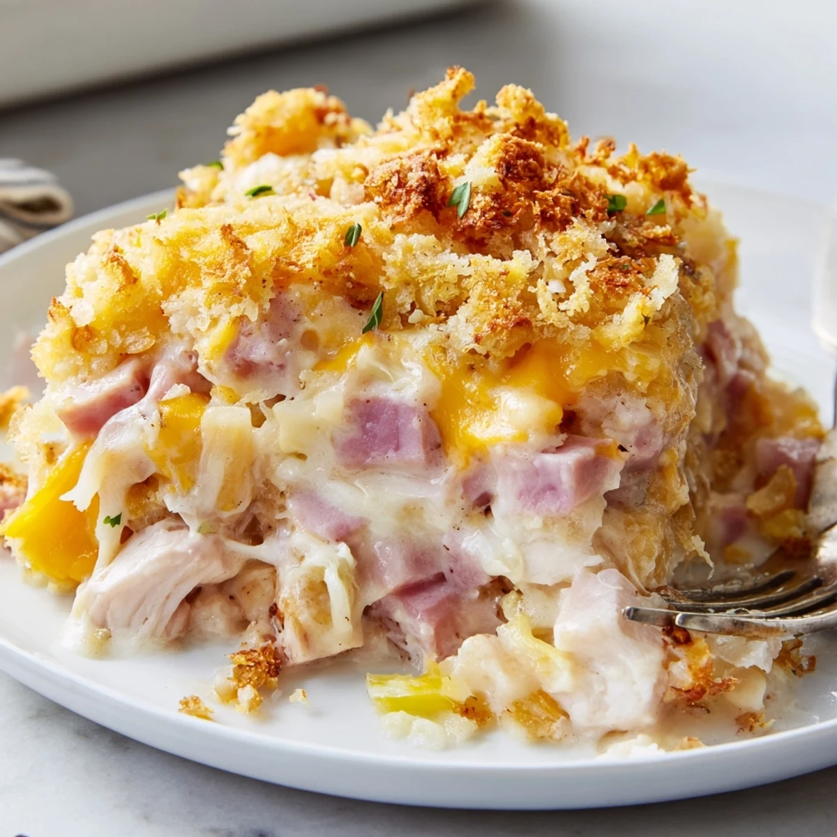 Creamy Dijon sauce coated Chicken Cordon Bleu Casserole with crispy Parmesan topping