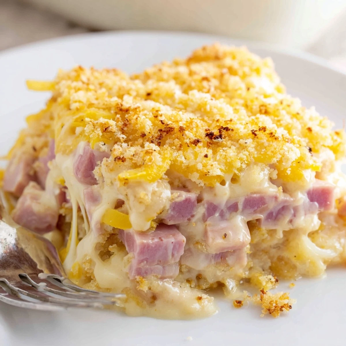 Sliced ham and shredded chicken layered in Chicken Cordon Bleu Casserole, paired with salad
