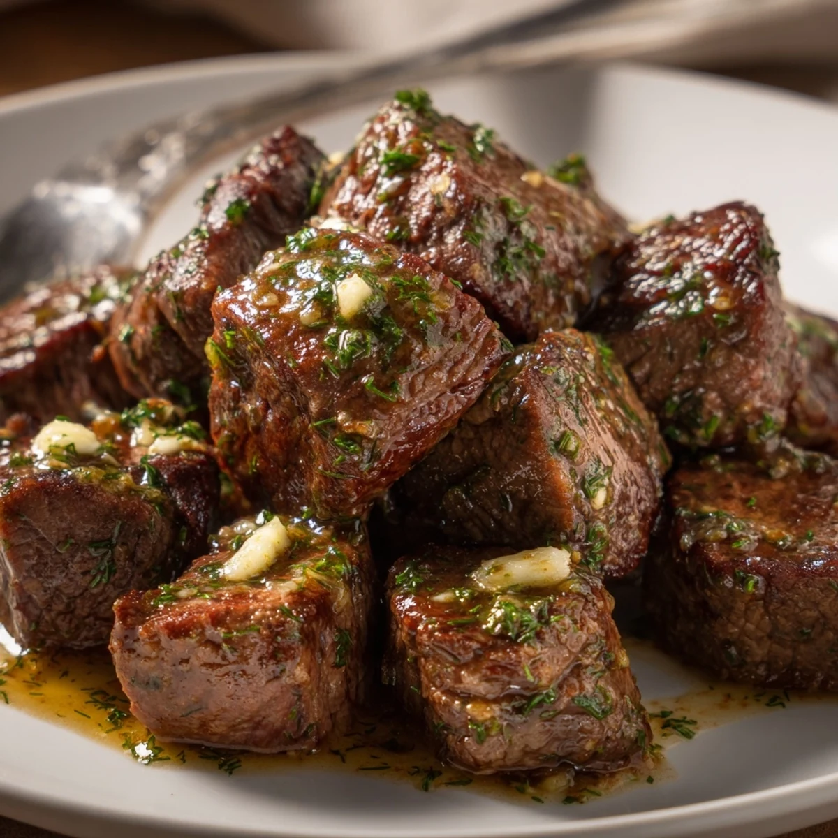 Cowboy Butter Steak Bites Recipe piled over roasted potatoes, herb-speckled butter