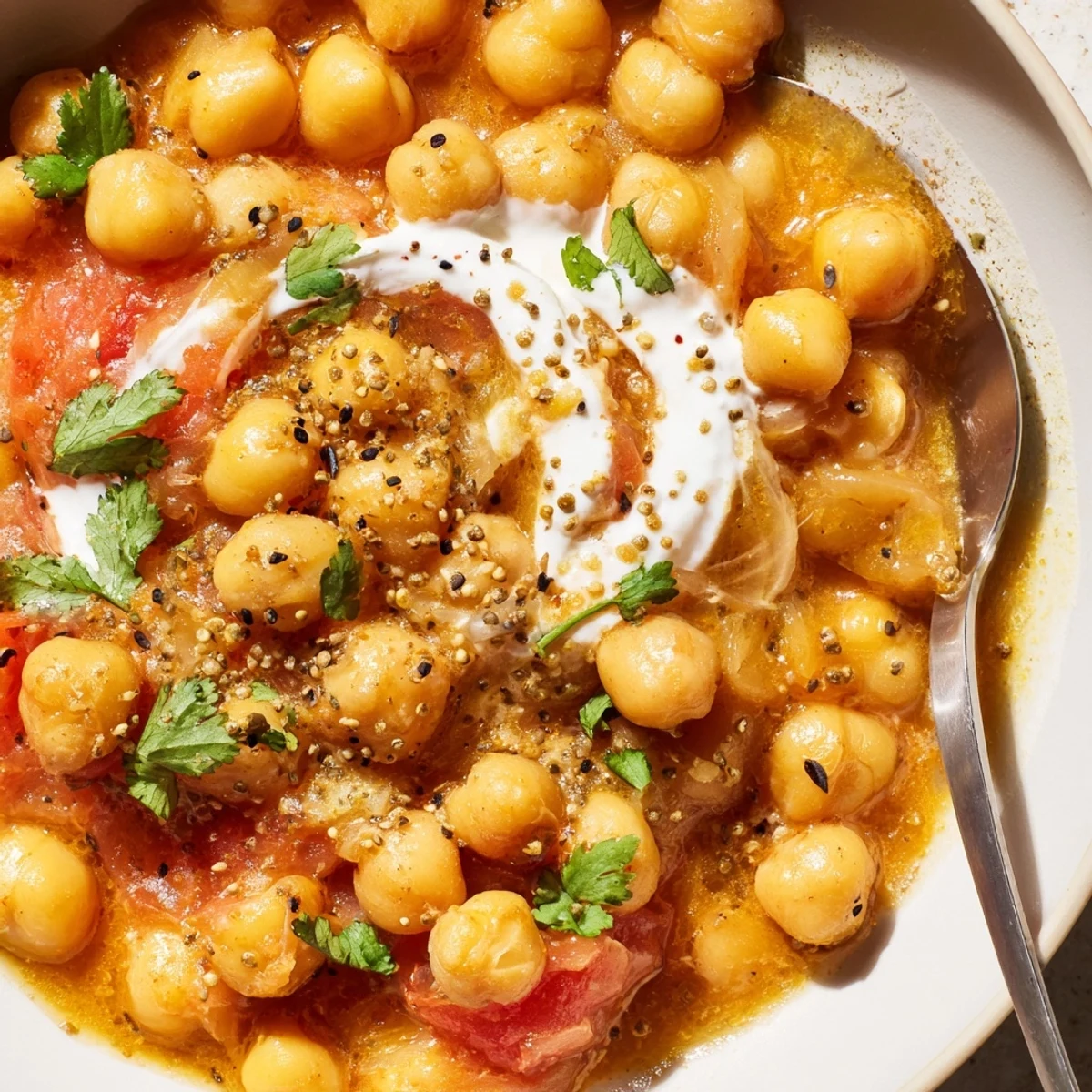 Warm Greek Yogurt Chickpea Curry with tender chickpeas, tangy yogurt, spoon-ready.