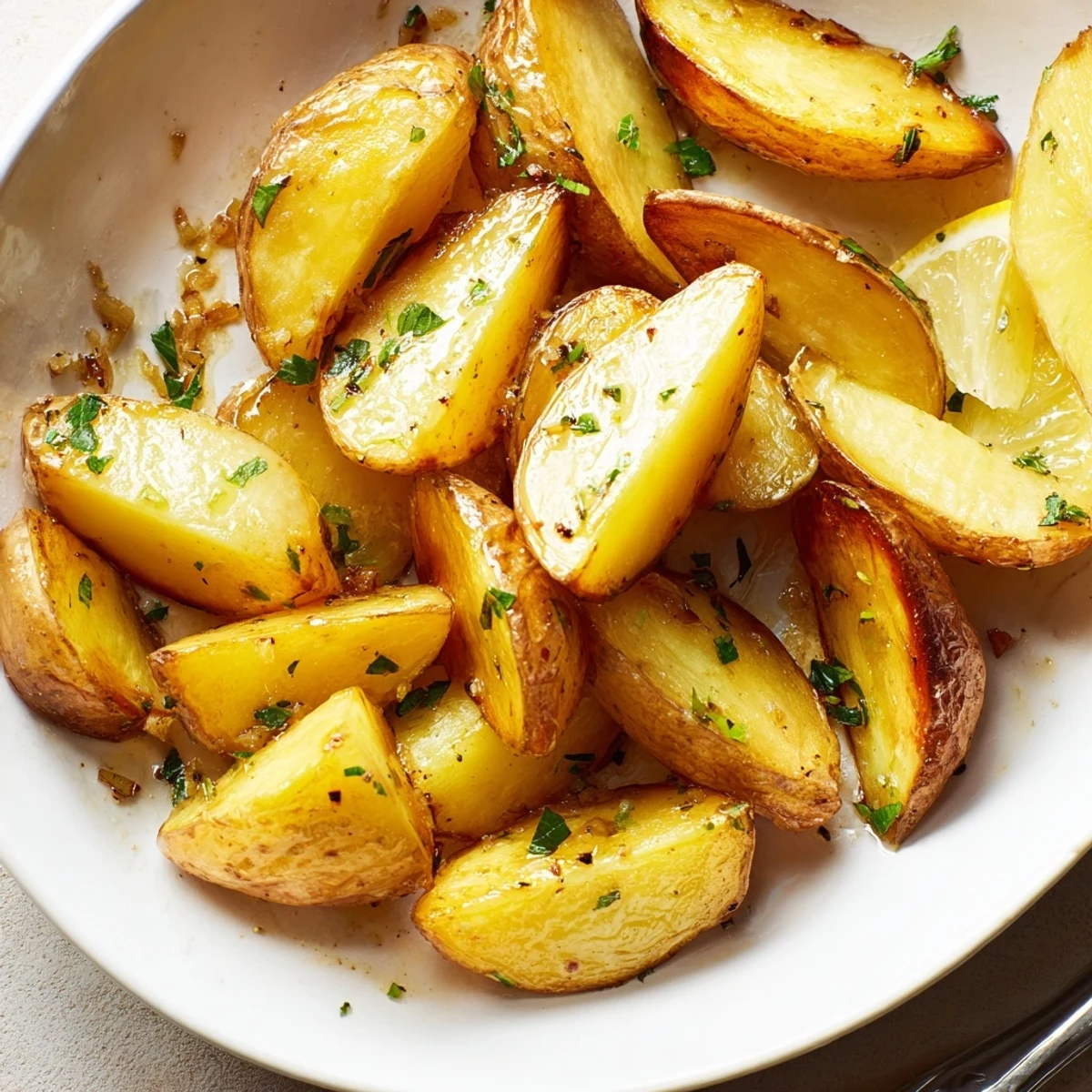 Authentic Greek Lemon Potatoes Recipe: golden wedges roasted, tangy, herb-scented, garnished with parsley