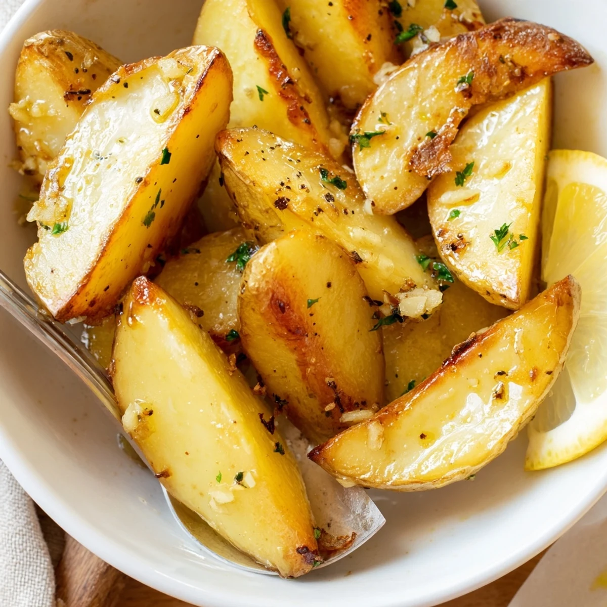 Family-style platter of Authentic Greek Lemon Potatoes Recipe, perfect alongside roasted lamb