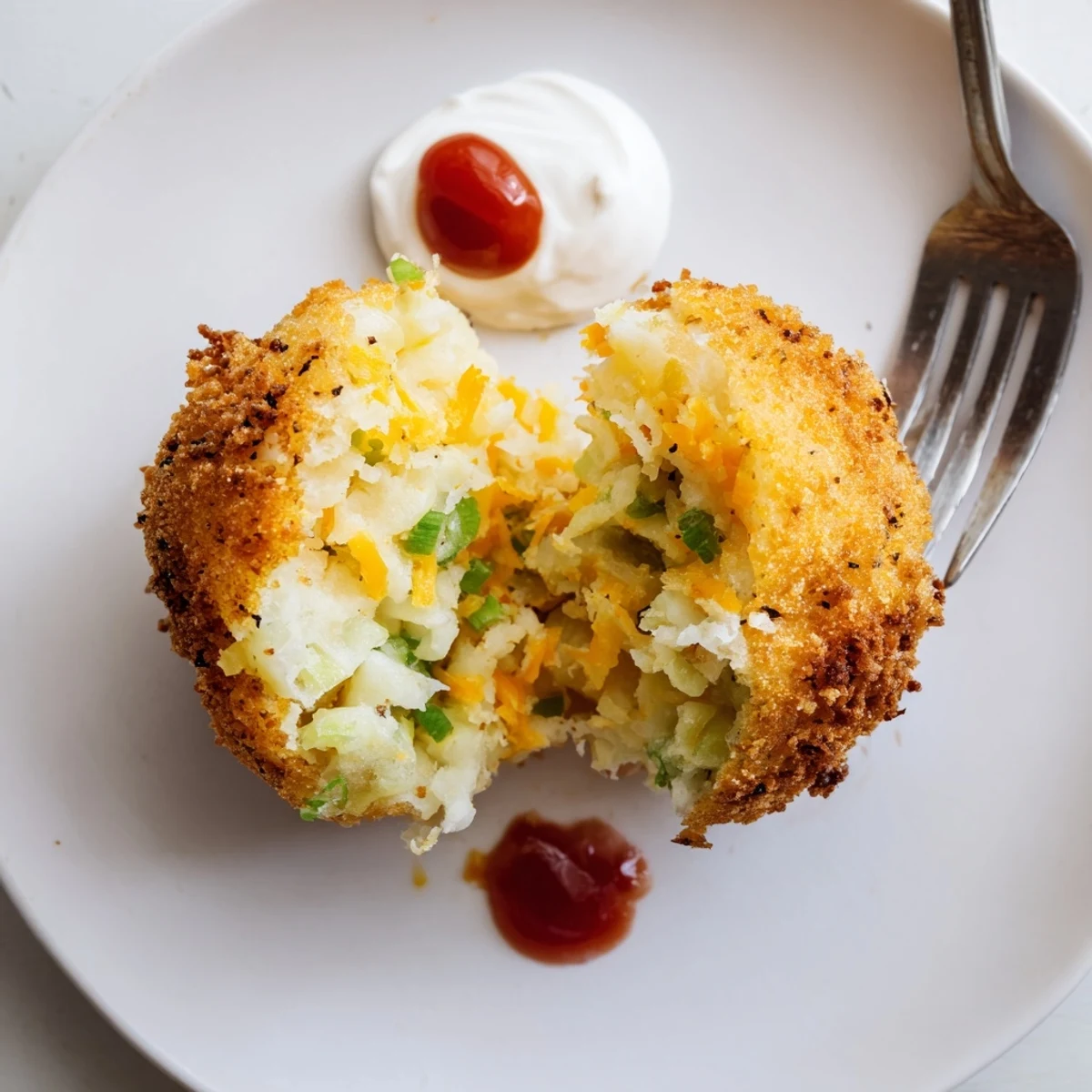 Crispy Fried Mashed Potato Balls plated with ranch dip, sprinkled green onions
