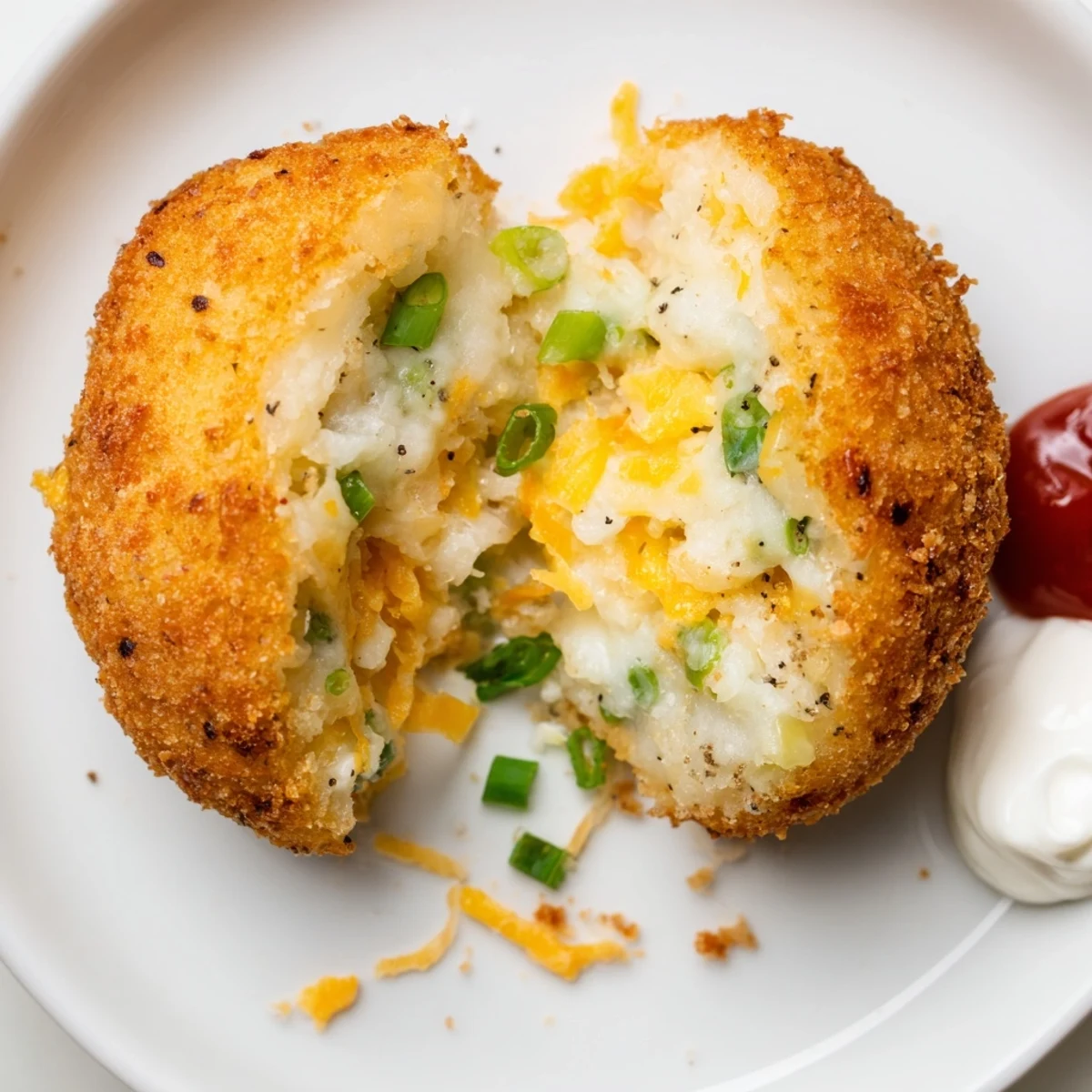 Handheld Fried Mashed Potato Balls, creamy center revealed, ideal appetizer for parties
