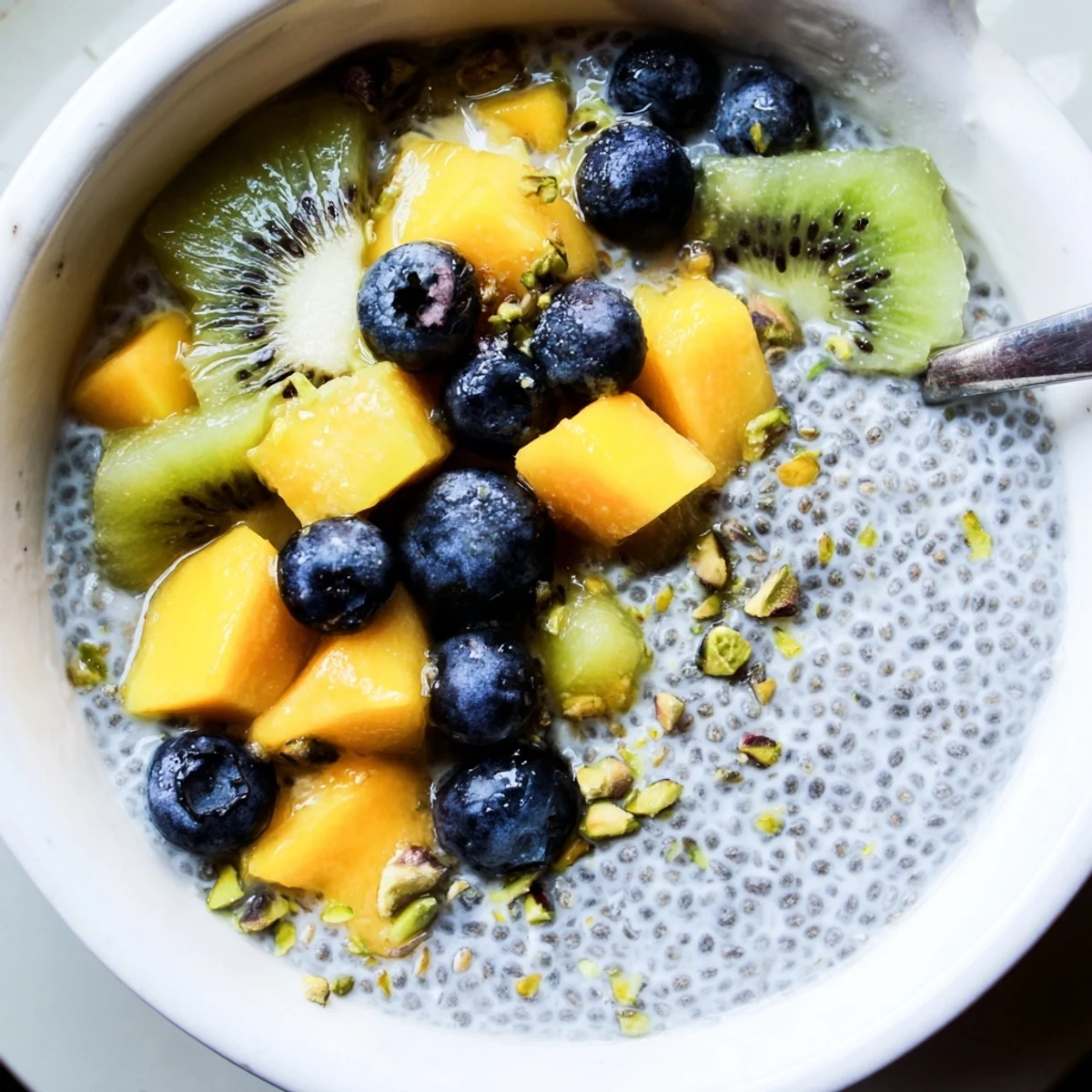 Creamy Coconut Chia Pudding topped with mango and toasted coconut flakes