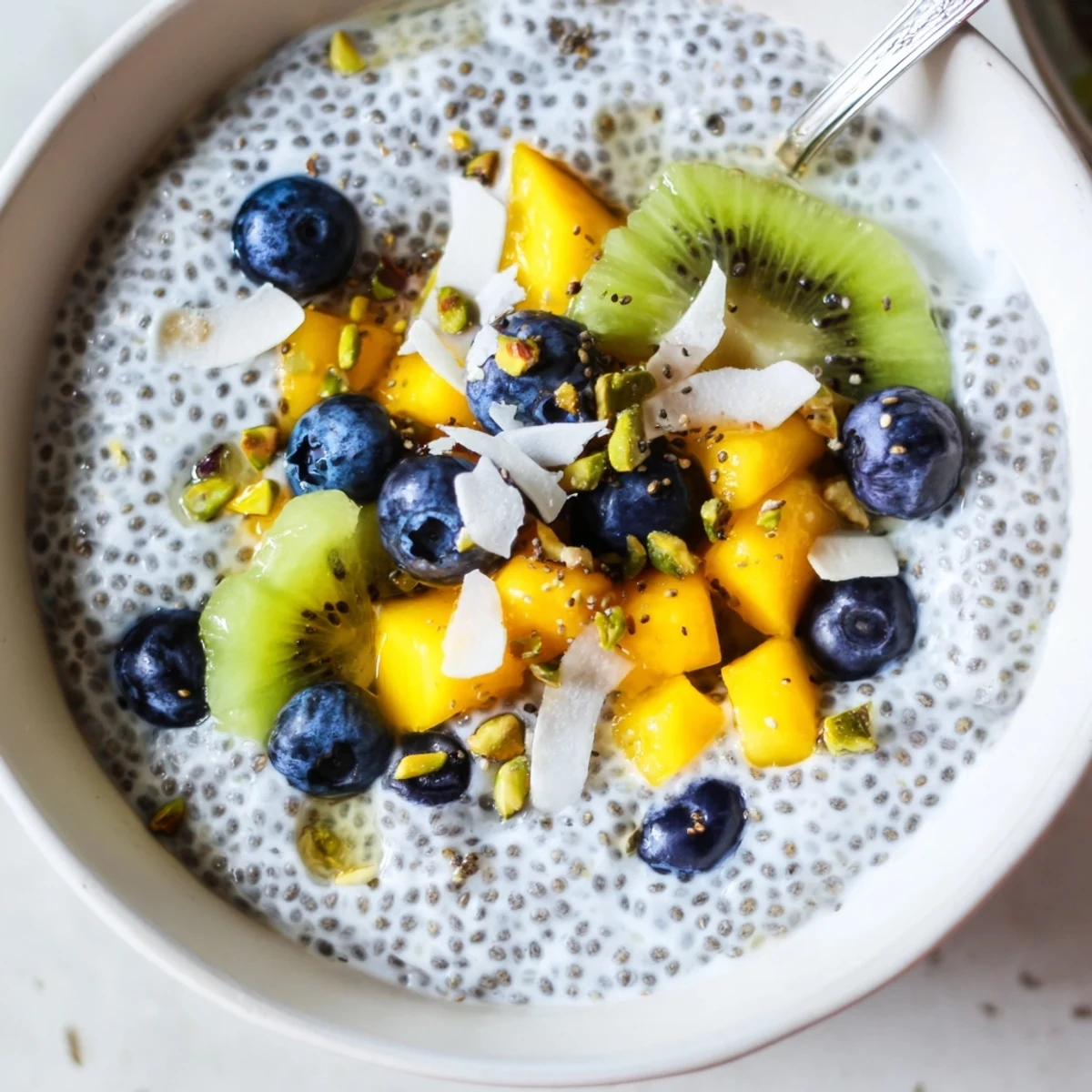 Glass jar of chilled Coconut Chia Pudding garnished with berries and nuts