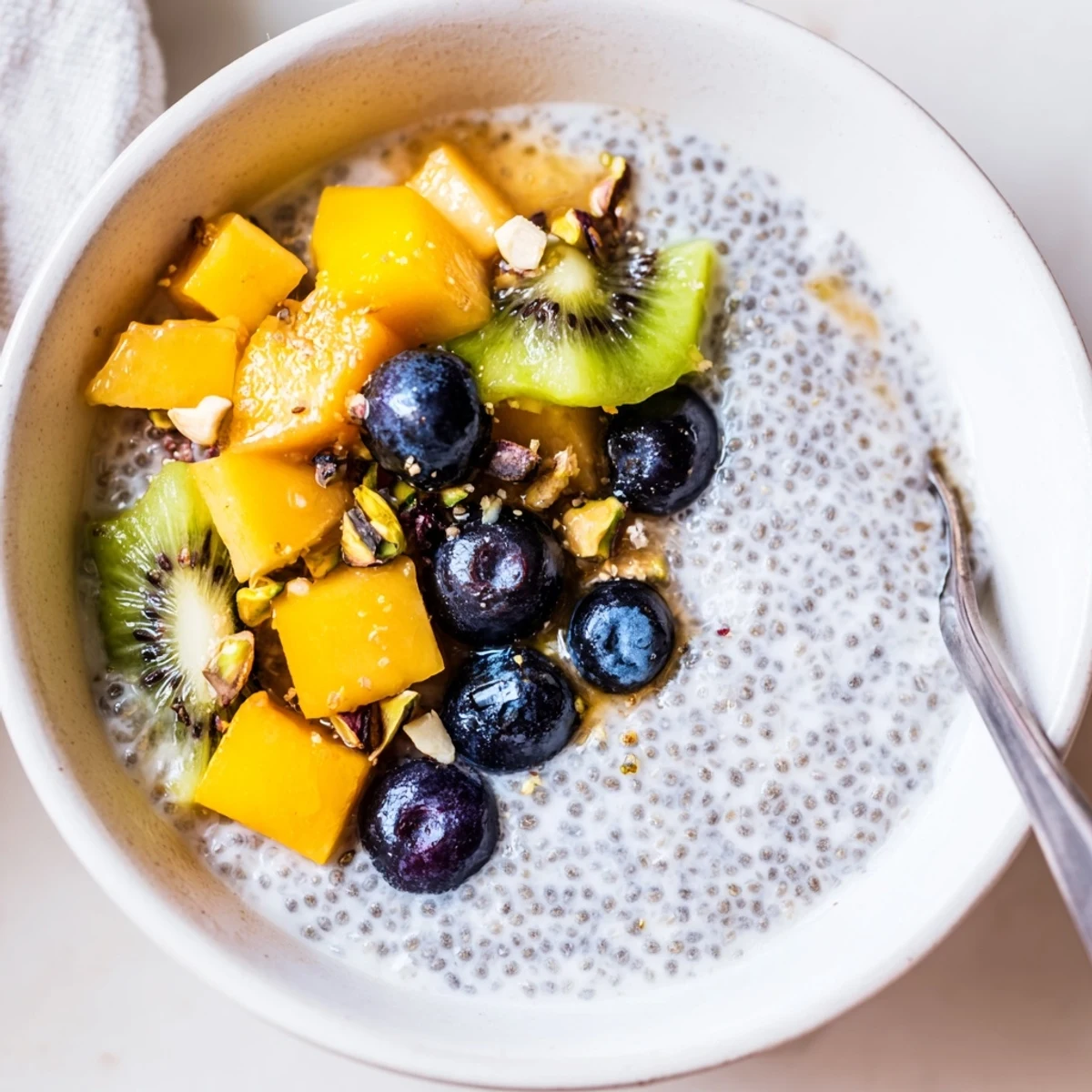 Velvety Coconut Chia Pudding chilled overnight, layered with fresh berries and almonds
