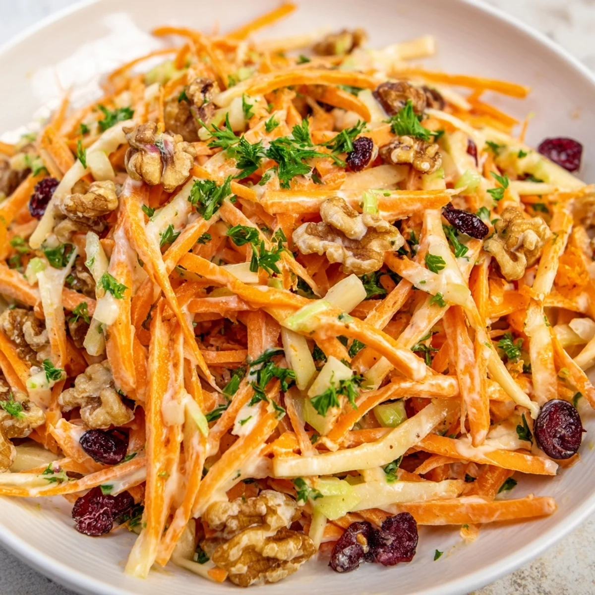 Crunchy Apple Carrot Salad With Creamy Citrus Dressing, crisp apples and roughly chopped walnuts