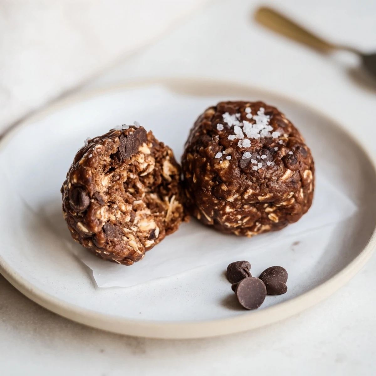 Brownie Protein Bites on parchment, glossy chocolate chips and nutty aroma