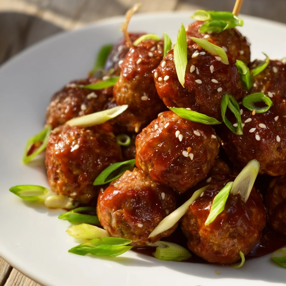 Firecracker Meatballs glazed in glossy red sauce, sesame-sprinkled, steaming on platter