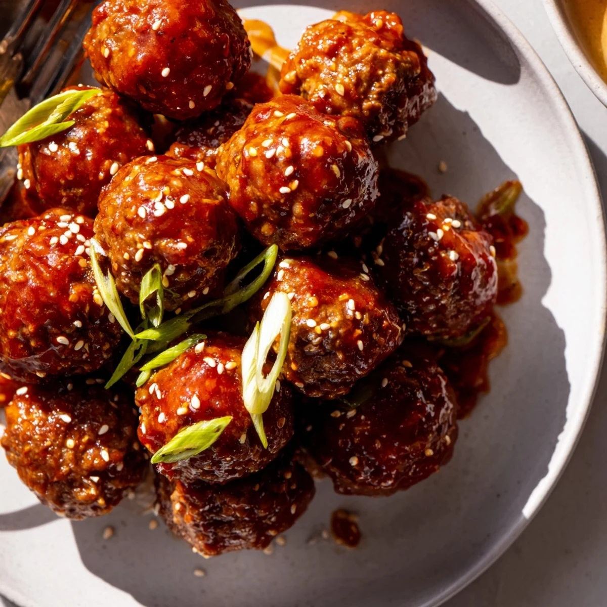 Baked Firecracker Meatballs sticky with sweet-tangy sauce, perfect for party platters