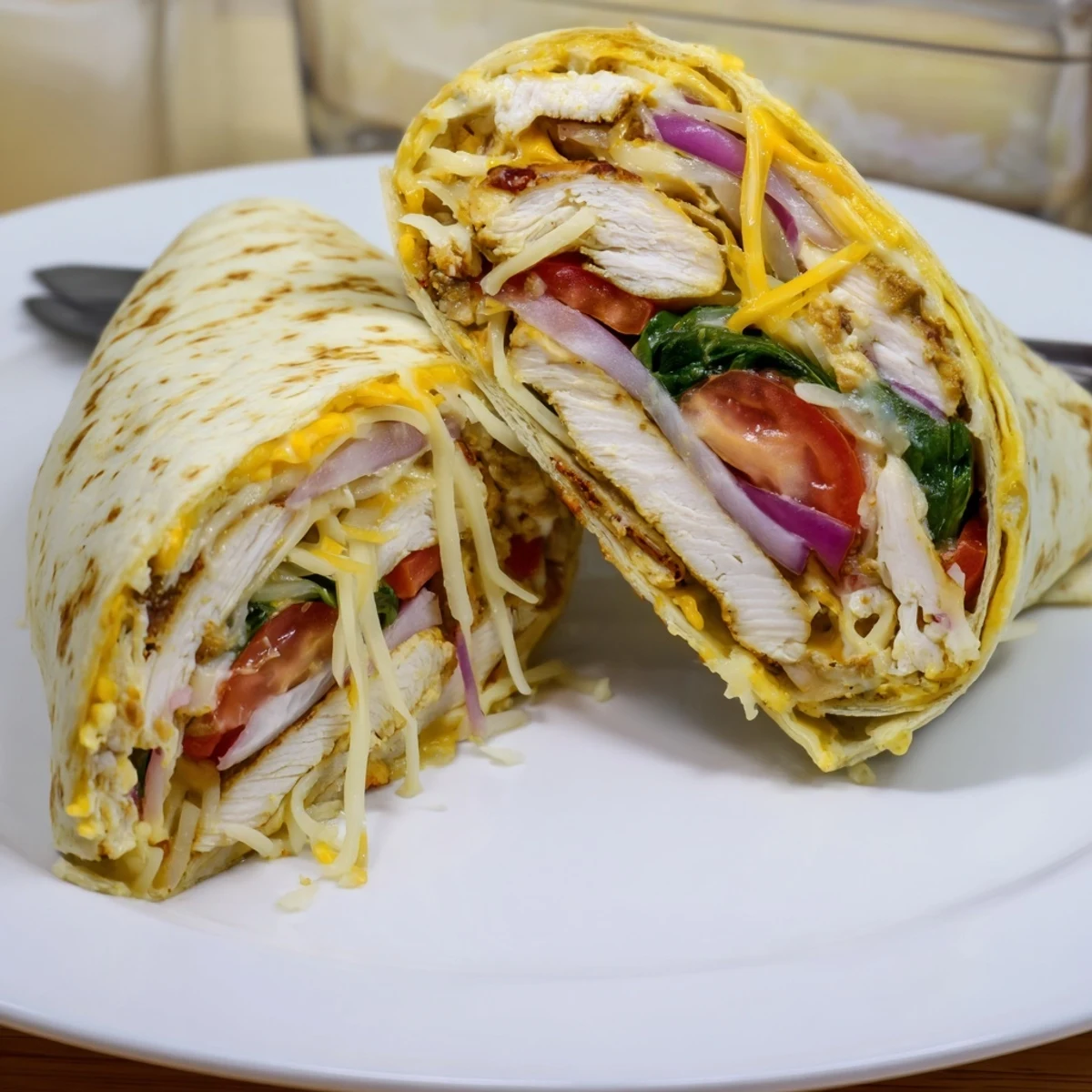 Cozy Cheesy Garlic Chicken Wraps sliced in halves, golden grilled, cheese oozing.