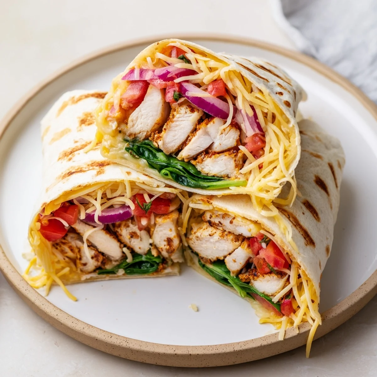 Warm Cozy Cheesy Garlic Chicken Wraps on plate with spinach and tomato.
