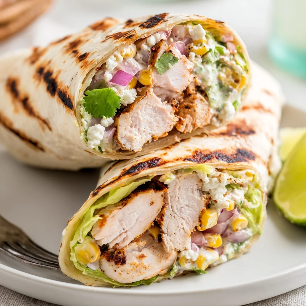 Quick Mexican Street Corn Chicken Wraps with smoky grilled chicken and lime